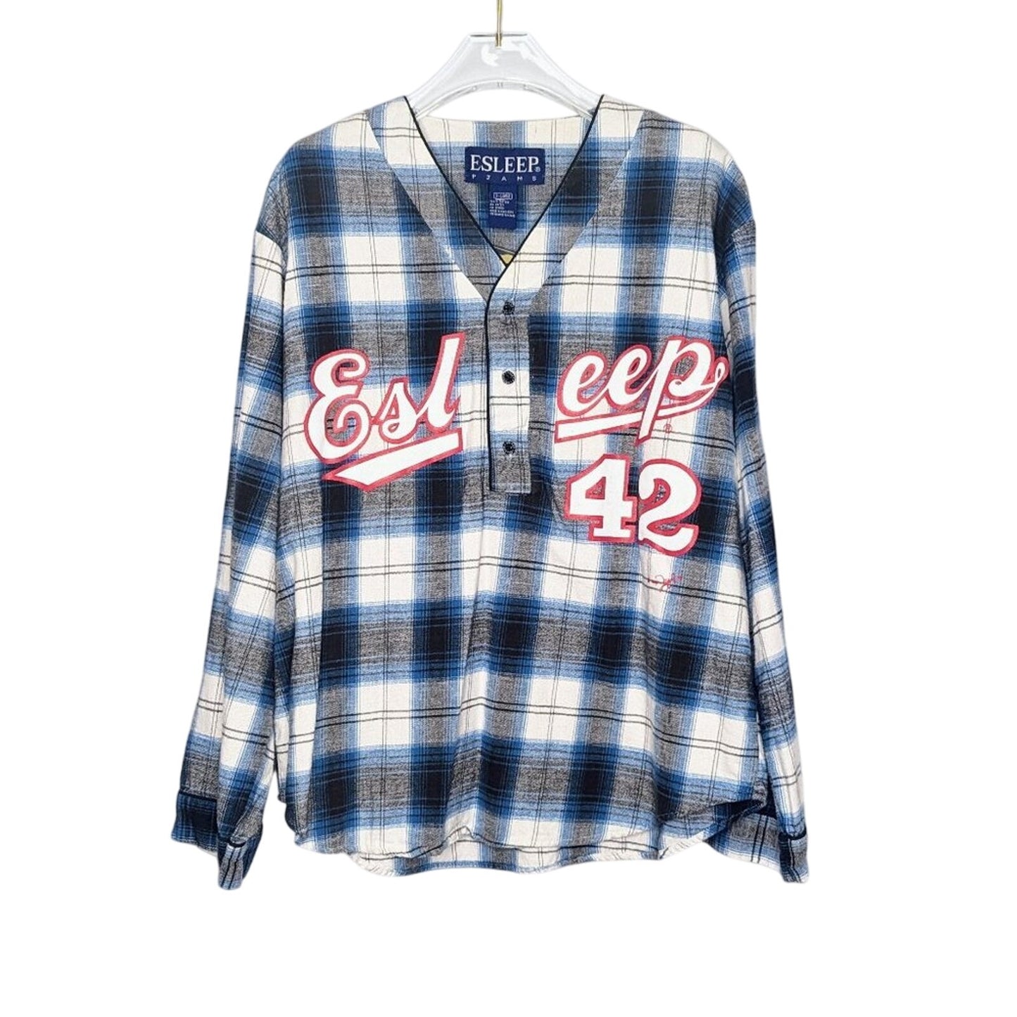 Vintage Blue Plaid Esleep 90's Baseball Jersey Flannel Sleep Shirt Long Sleeve