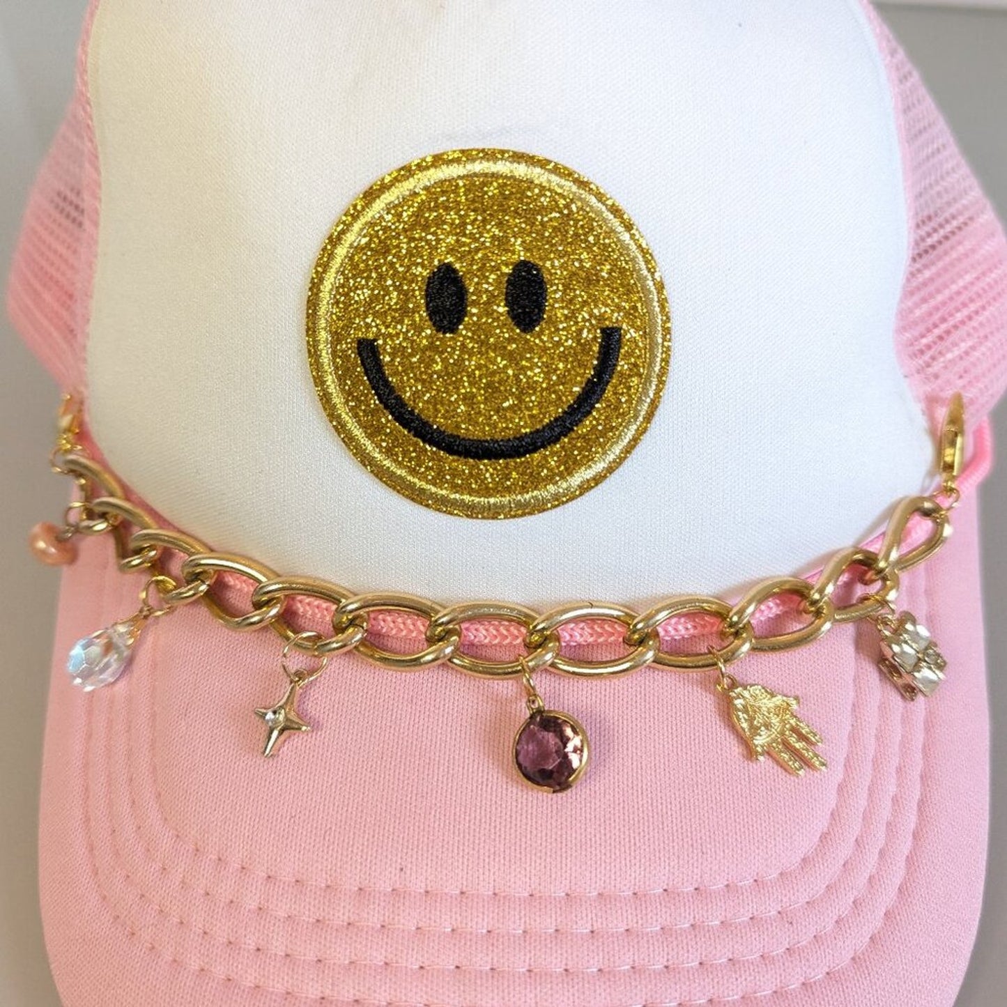Upcycled Jewelry Charm Hat Chain Pink Smiley Face Adjustable Trucker Hat