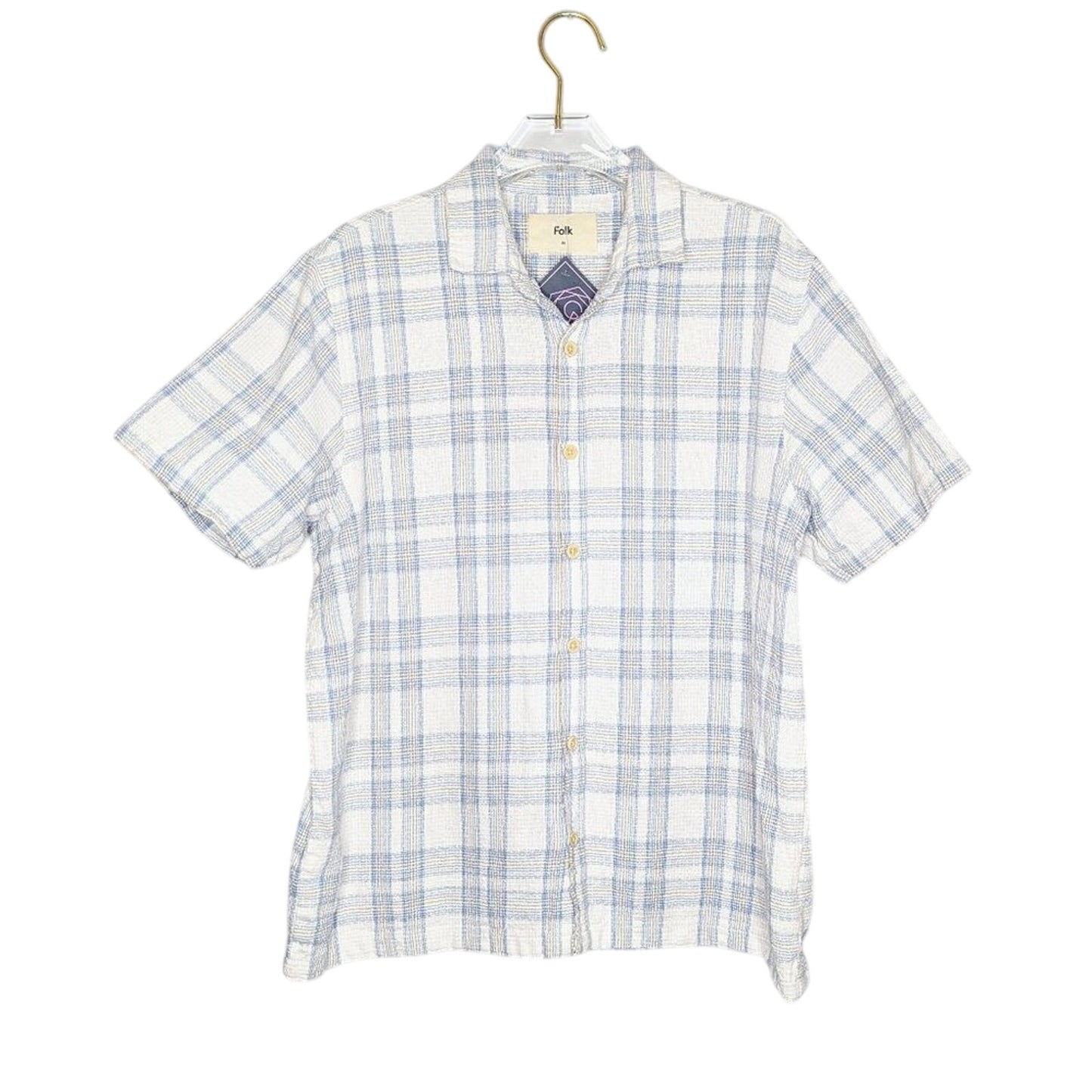 Folk Clothing White Blue Plaid Short Sleeve Soft Collar Shirt Cotton Linen M