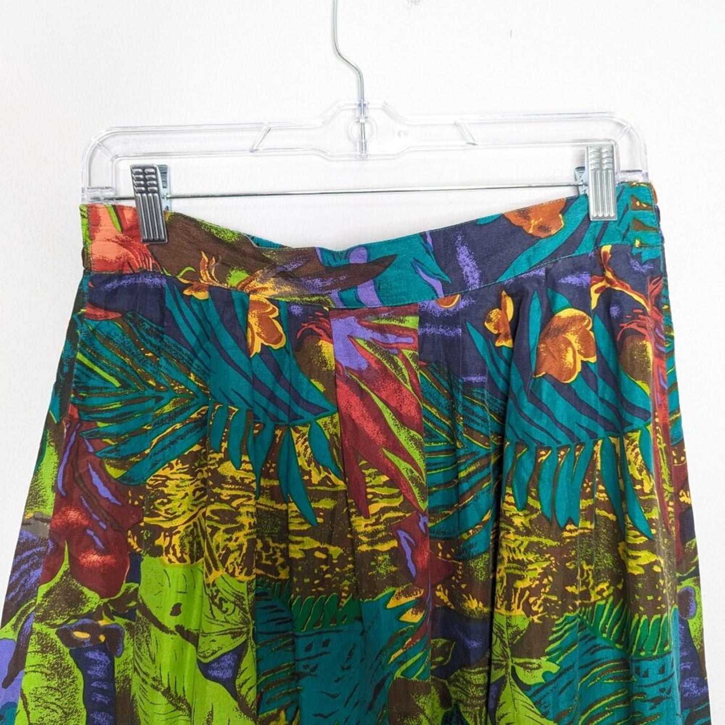 Vintage Green Tropical Jungle Palm Leaves Pattern Silk Maxi Skirt Elastic Waist