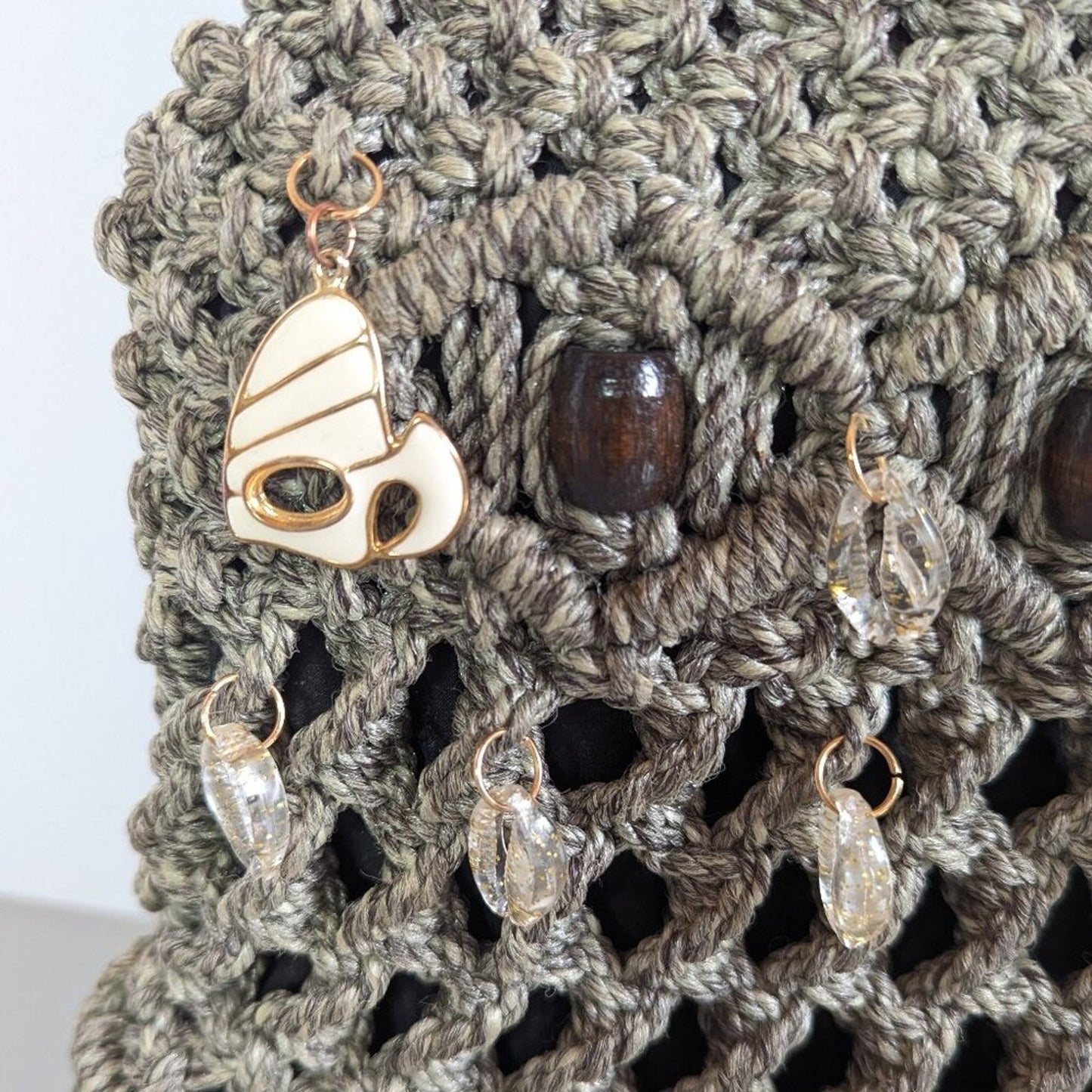 Vintage Taupe Macrame Bag Double Wooden Handle Upcycled Jewelry Charms Shells