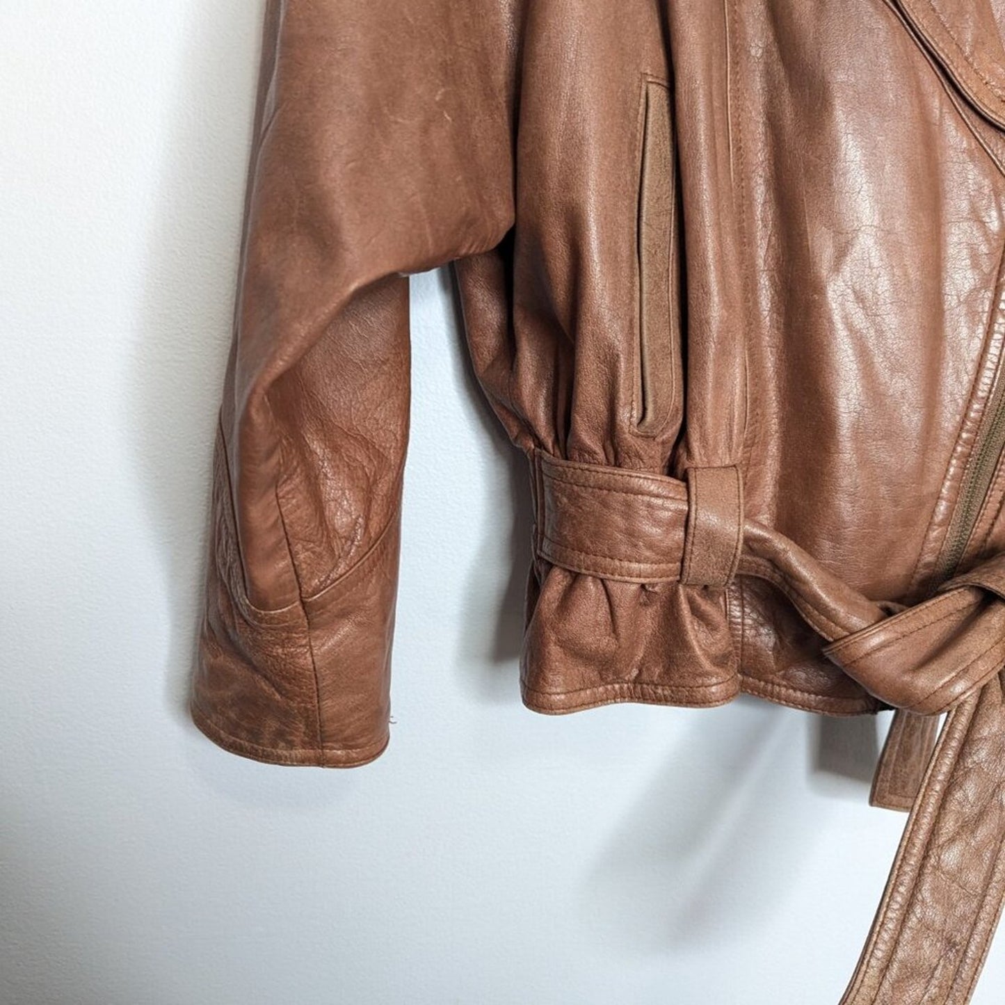 Wilsons Leather Adventure Bound Brown Leather Tie Waist Moto Jacket Pockets L