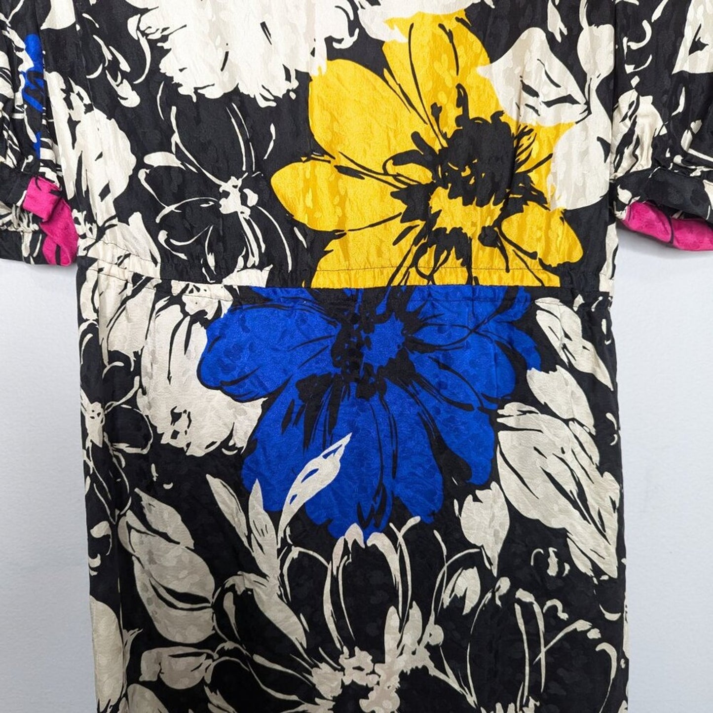 Vintage Jerri Sherman Bold Graphic Floral Print Silk Dress Black White Midi