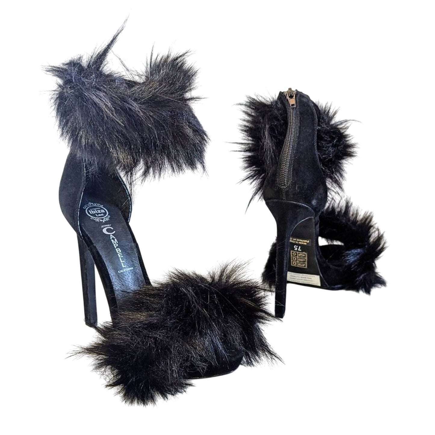 Jeffrey Campbell Black Faux Fur Cookie Heels Open Toe Stiletto Fuzzy Y2K 7.5