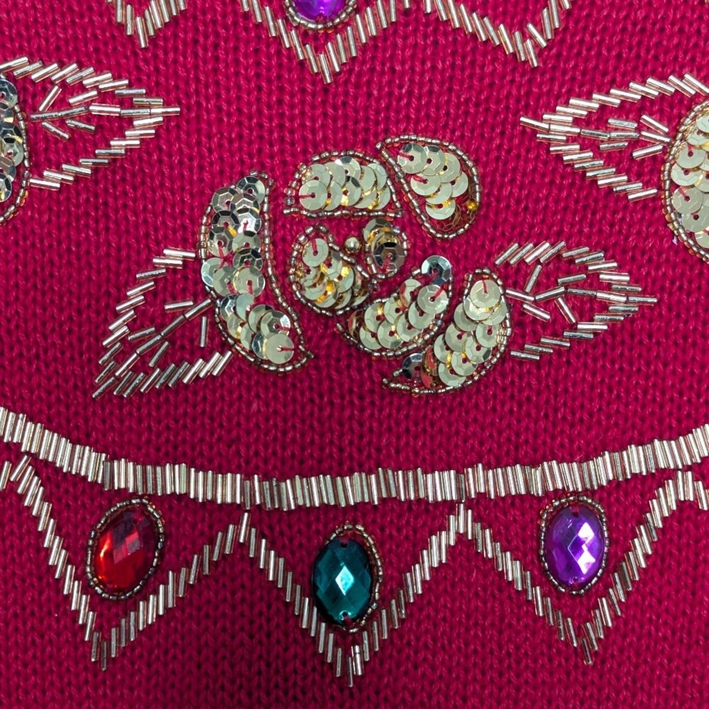 Vintage Red Crew Neck Long Sleeve Sweater Gold Beaded Sequins Rhinestones Floral