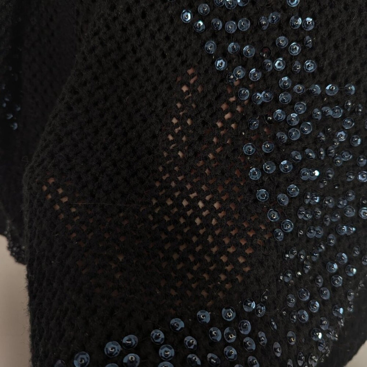 Religion Black Open Knit Crochet Sweater Iridescent Sequins V-Neck Long Sleeve S