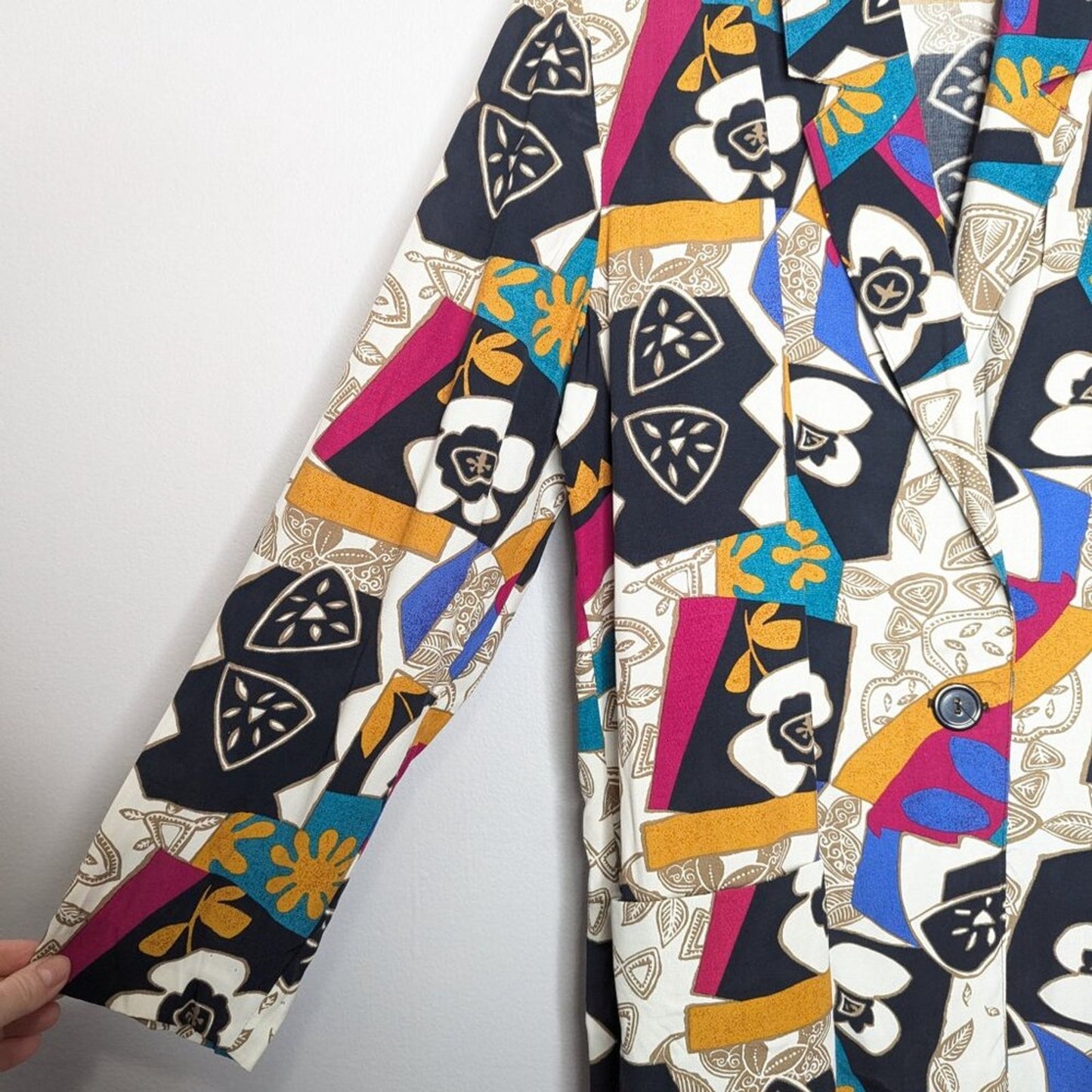 Vintage 80's Bright Geometric Pop Art Pattern Blazer Long Sleeve Pockets Floral