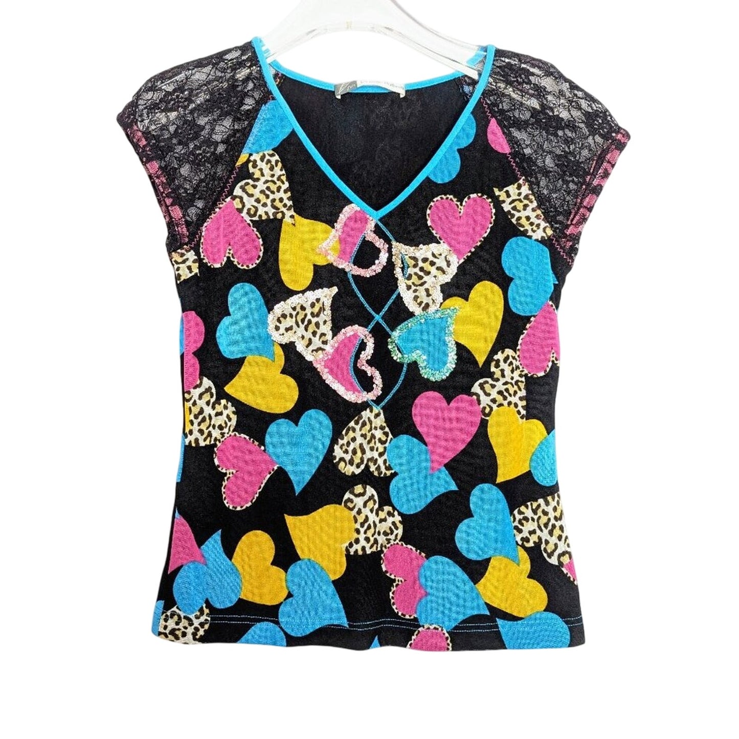 Vintage Y2K Heart Print Short Sleeve V-Neck Shirt Sequins Leopard Print Pink
