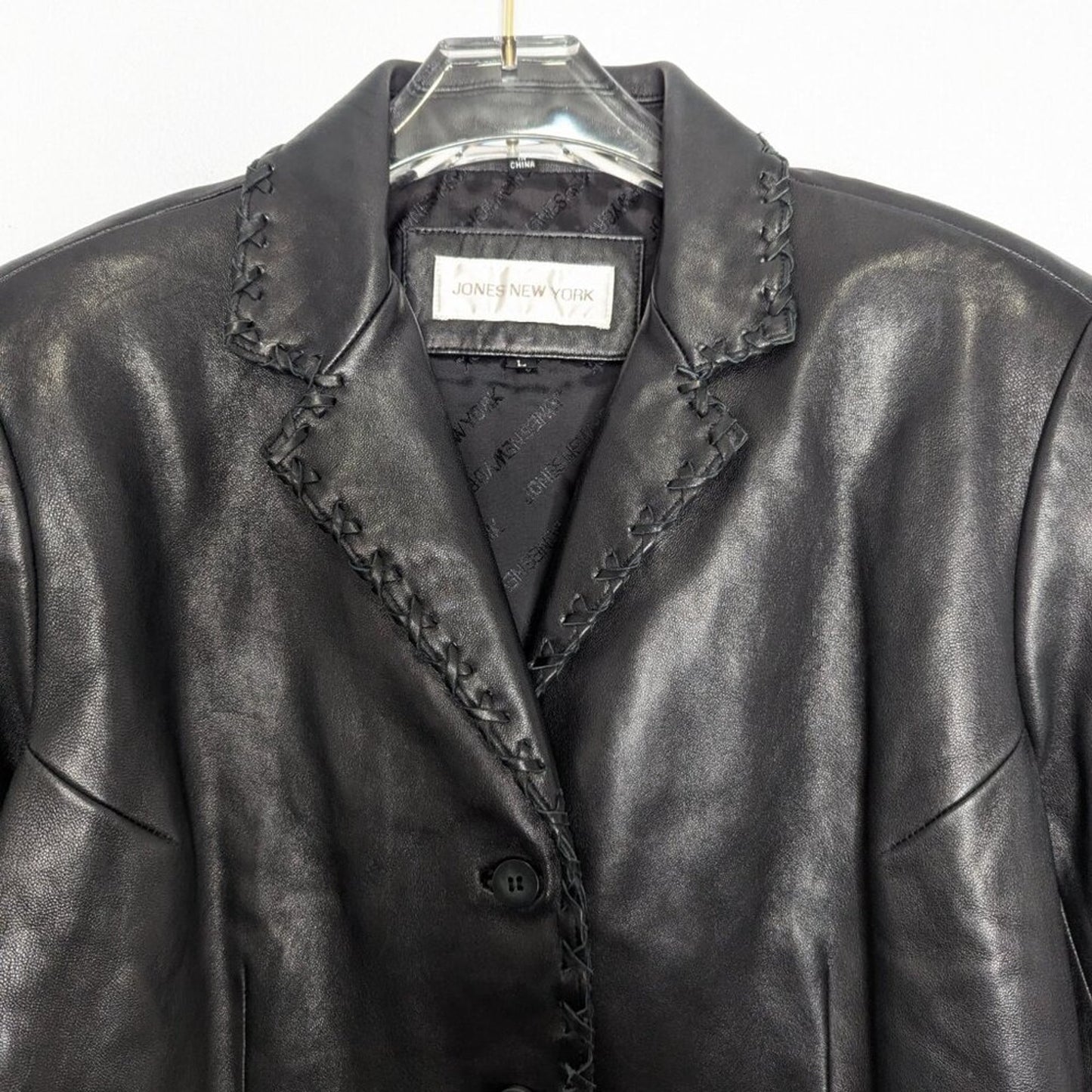 Vintage Jones New York Black Leather Long Sleeve Blazer Lace Up Stitch Trim L
