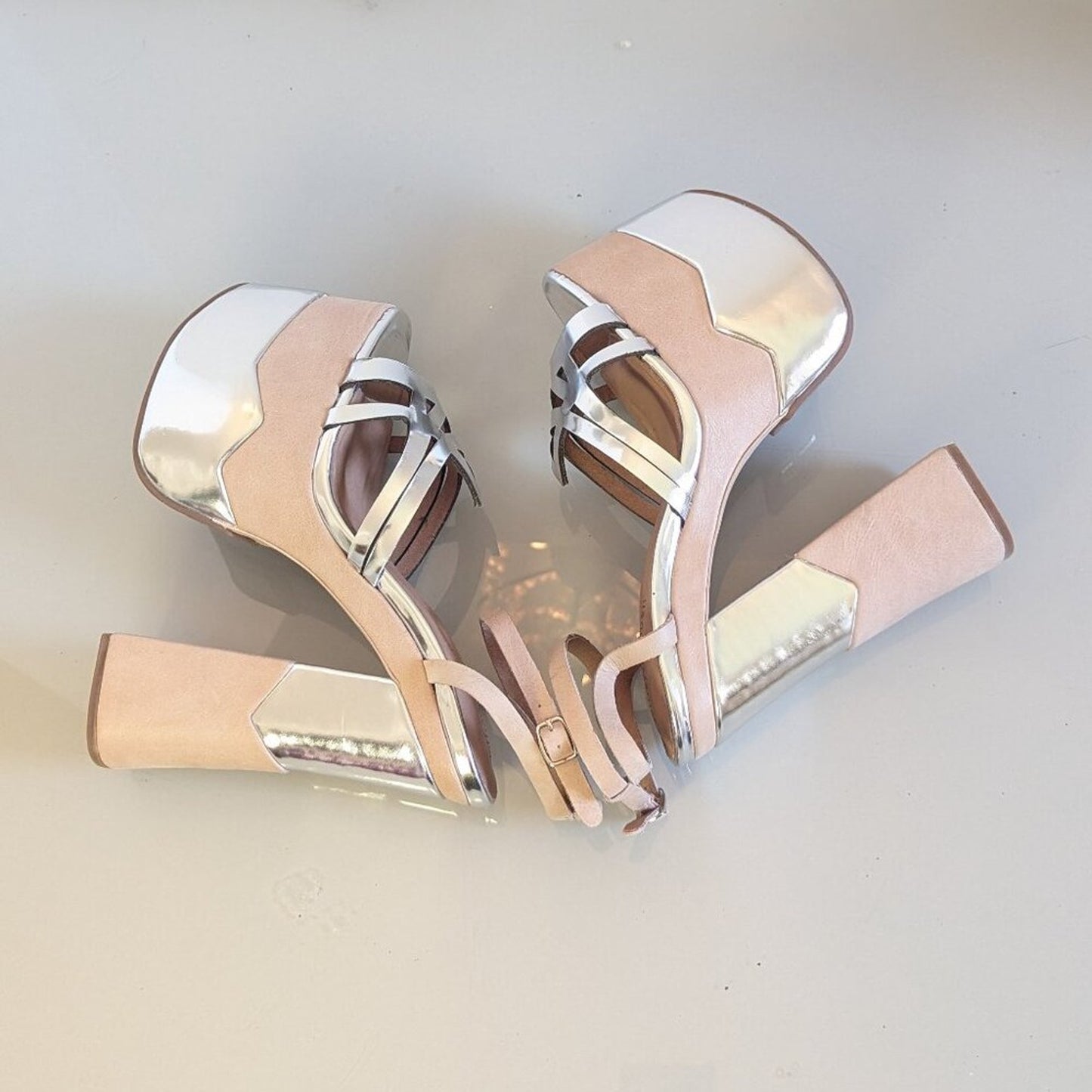 Jeffrey Campbell Y2K Nude Chrome Ambrose Platform Heels Shiny Ankle Strap NEW