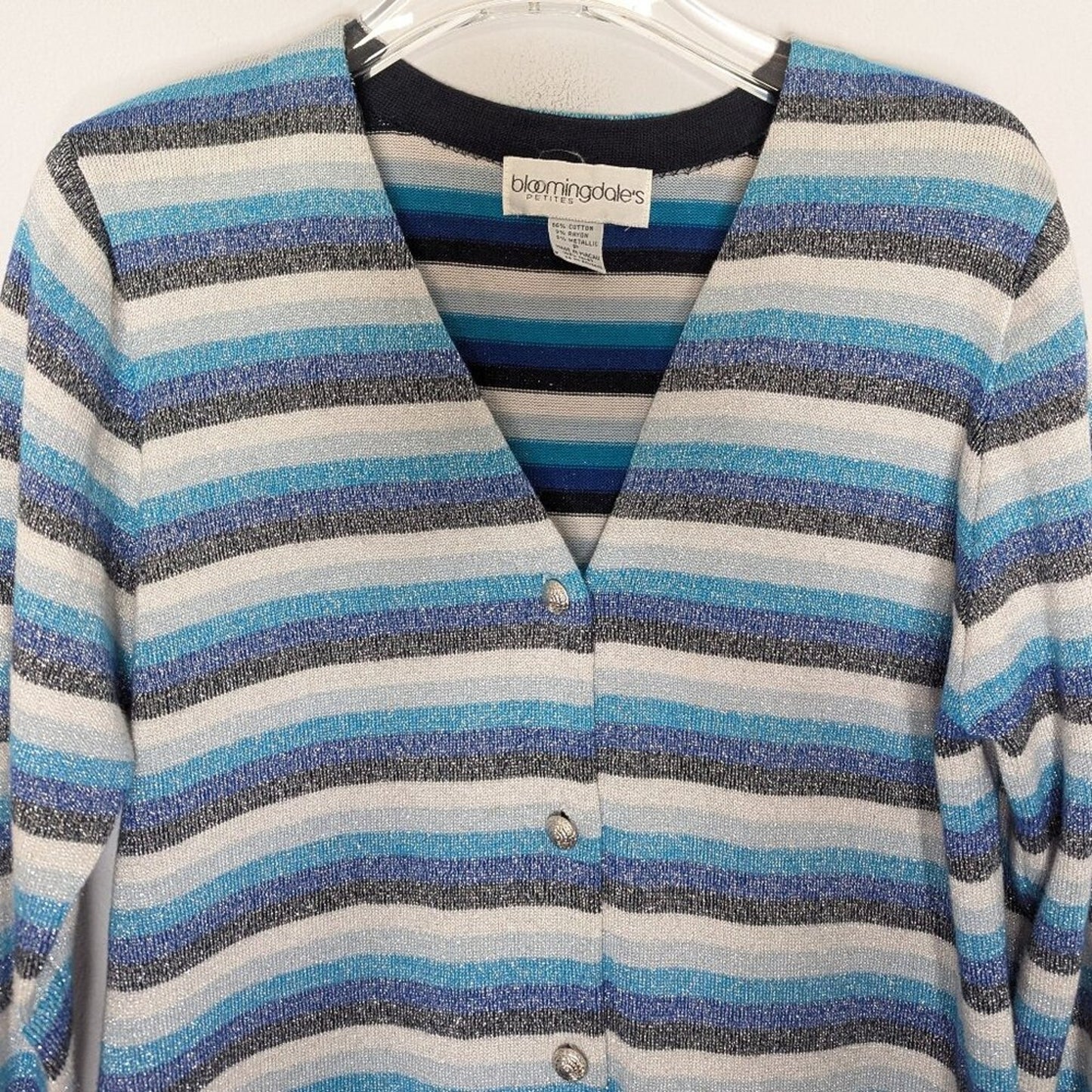 Bloomingdales Vintage 80's Metallic Blue Striped Button Up Top Long Sleeve