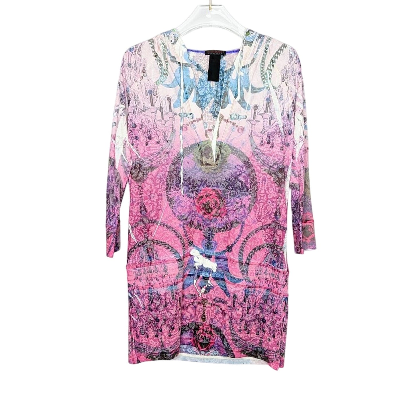 Custo Barcelona Pink Hooded T-Shirt Paisley Floral Print Drawstring Waist