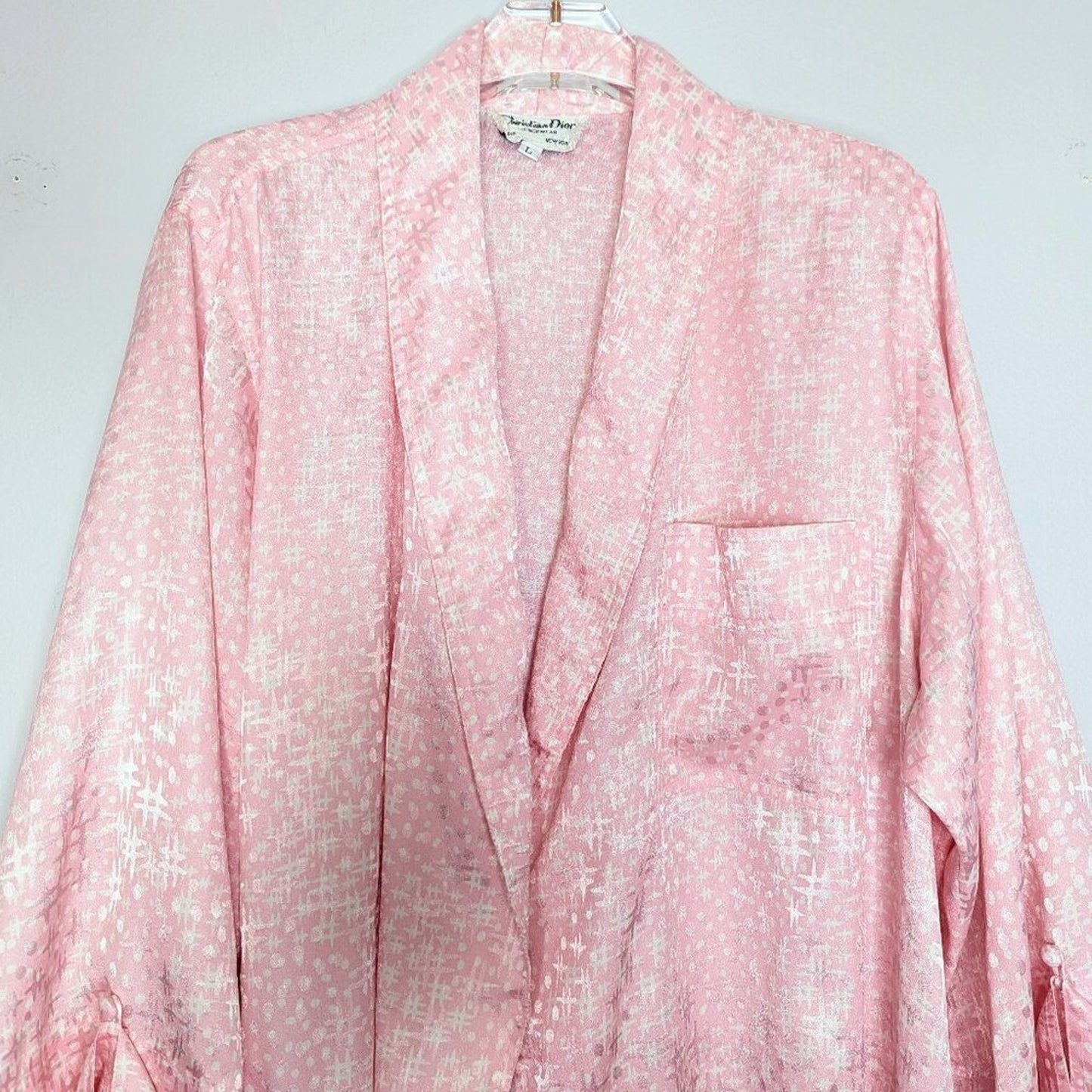 Christian Dior Vintage 80's Pastel Pink Satin Robe Polka Dot Hash Mark Print L