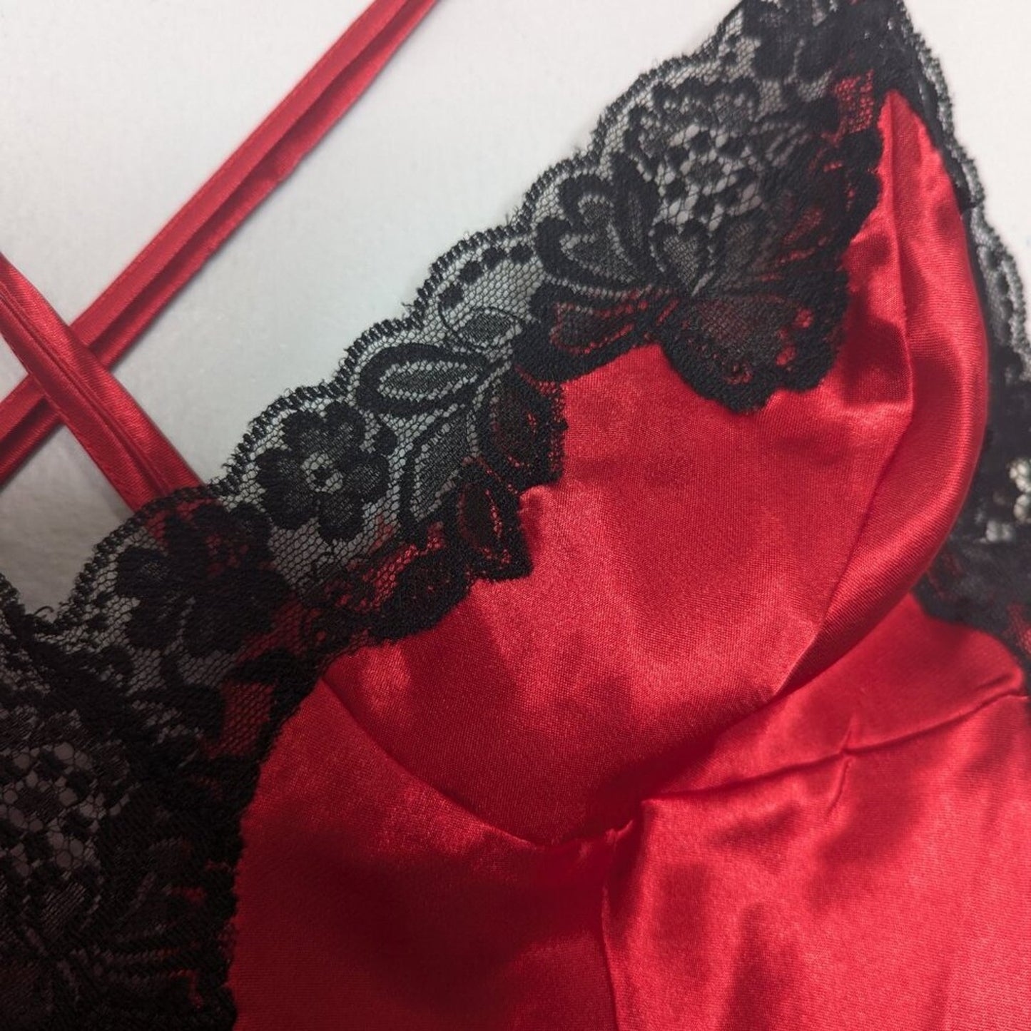 Frederick's of Hollywood Vintage Red Satin Slip Dress Black Lace Trim Cross Back