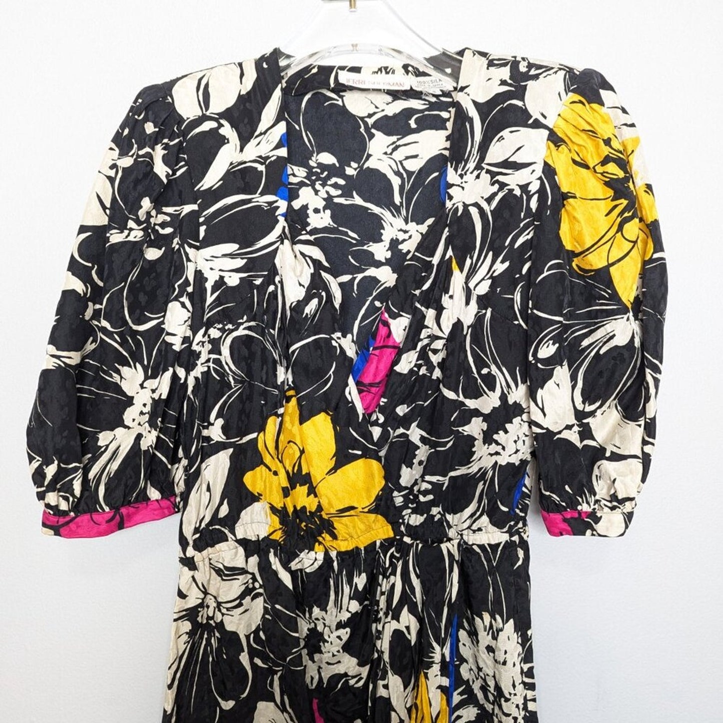 Vintage Jerri Sherman Bold Graphic Floral Print Silk Dress Black White Midi