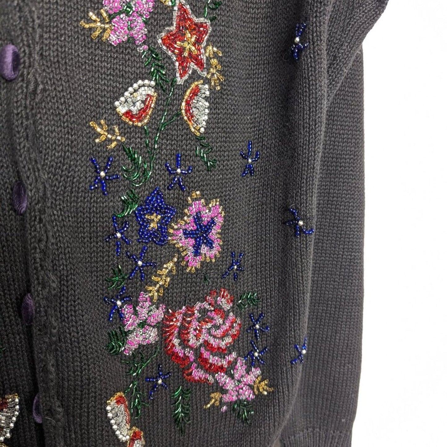 Vintage Victoria Jones Black V-Neck Long Sleeve Floral Beaded Cardigan Sweater