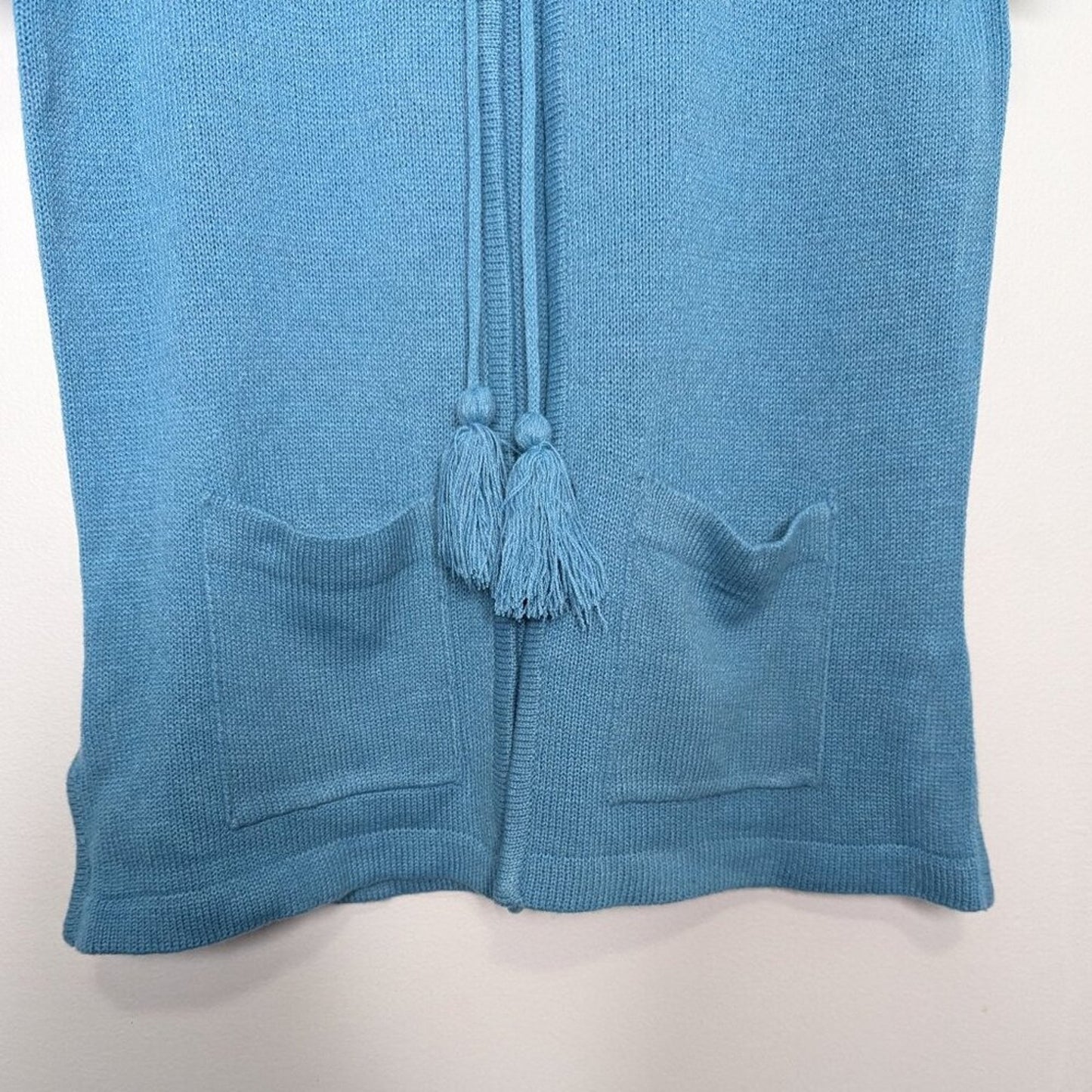 Vintage Blue Deadstock Sleeveless Cardigan Tie Neck Standing Collar Tassels M