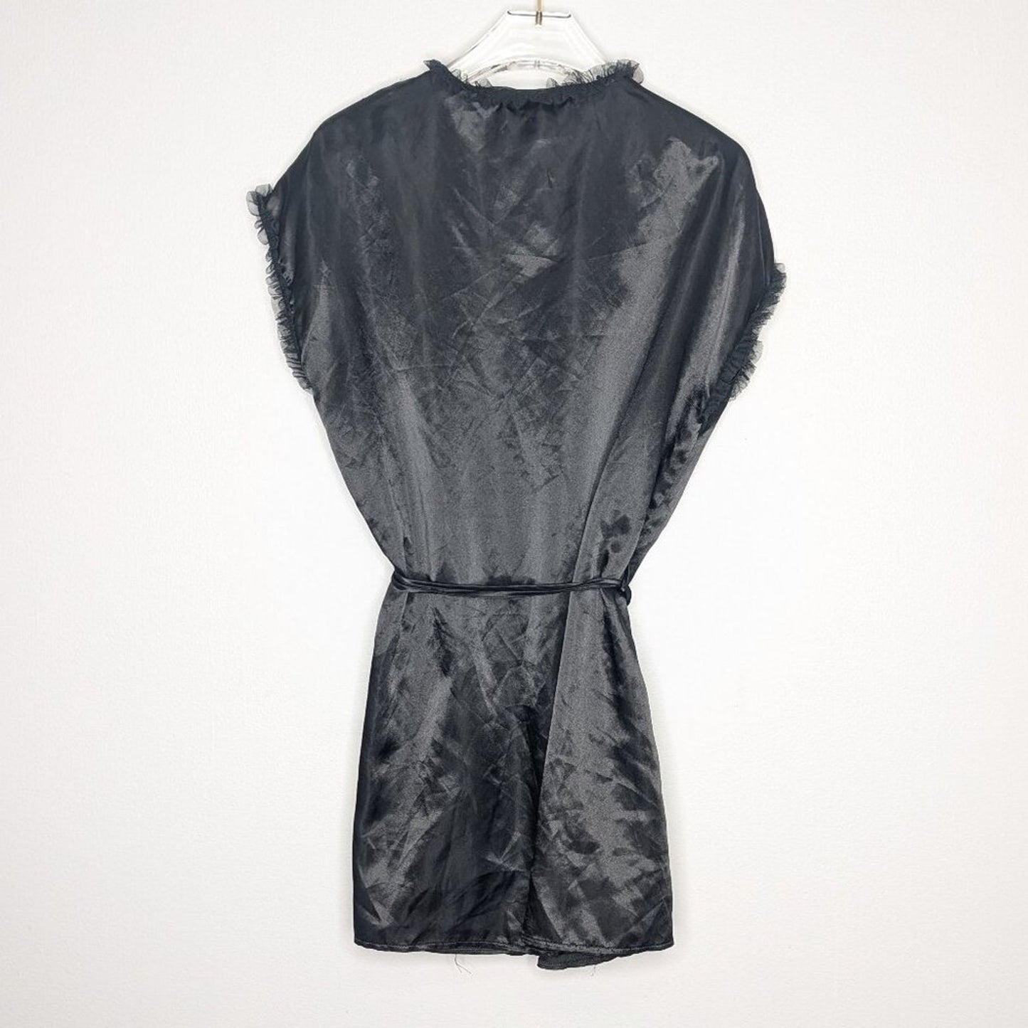 Cinema Etoile Seductive Wear Vintage Black Mini Robe Ruffle Trim Pom Pom Tie