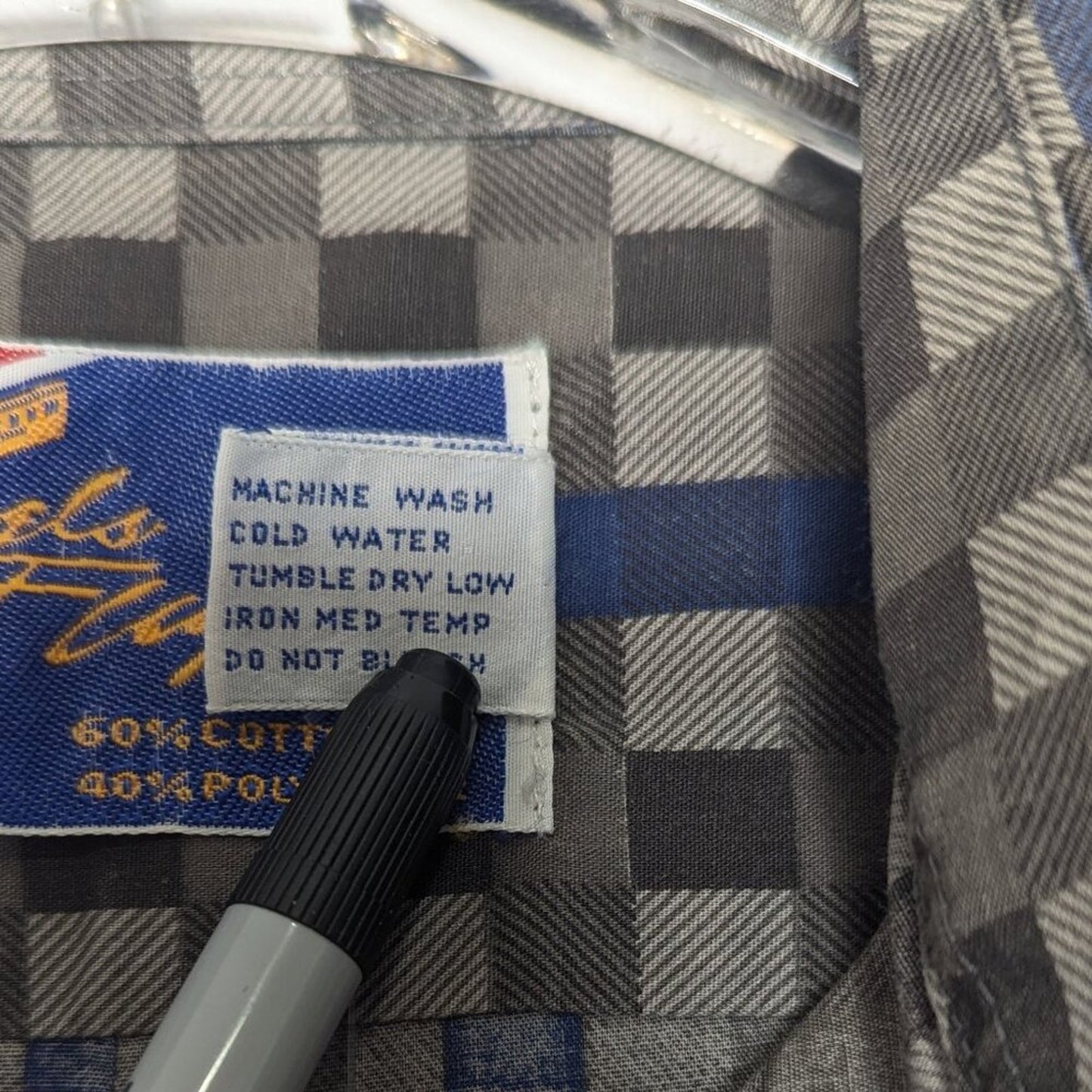 Vintage 70's Gray Blue Check Plaid Long Sleeve Button Up Shirt Front Pocket L