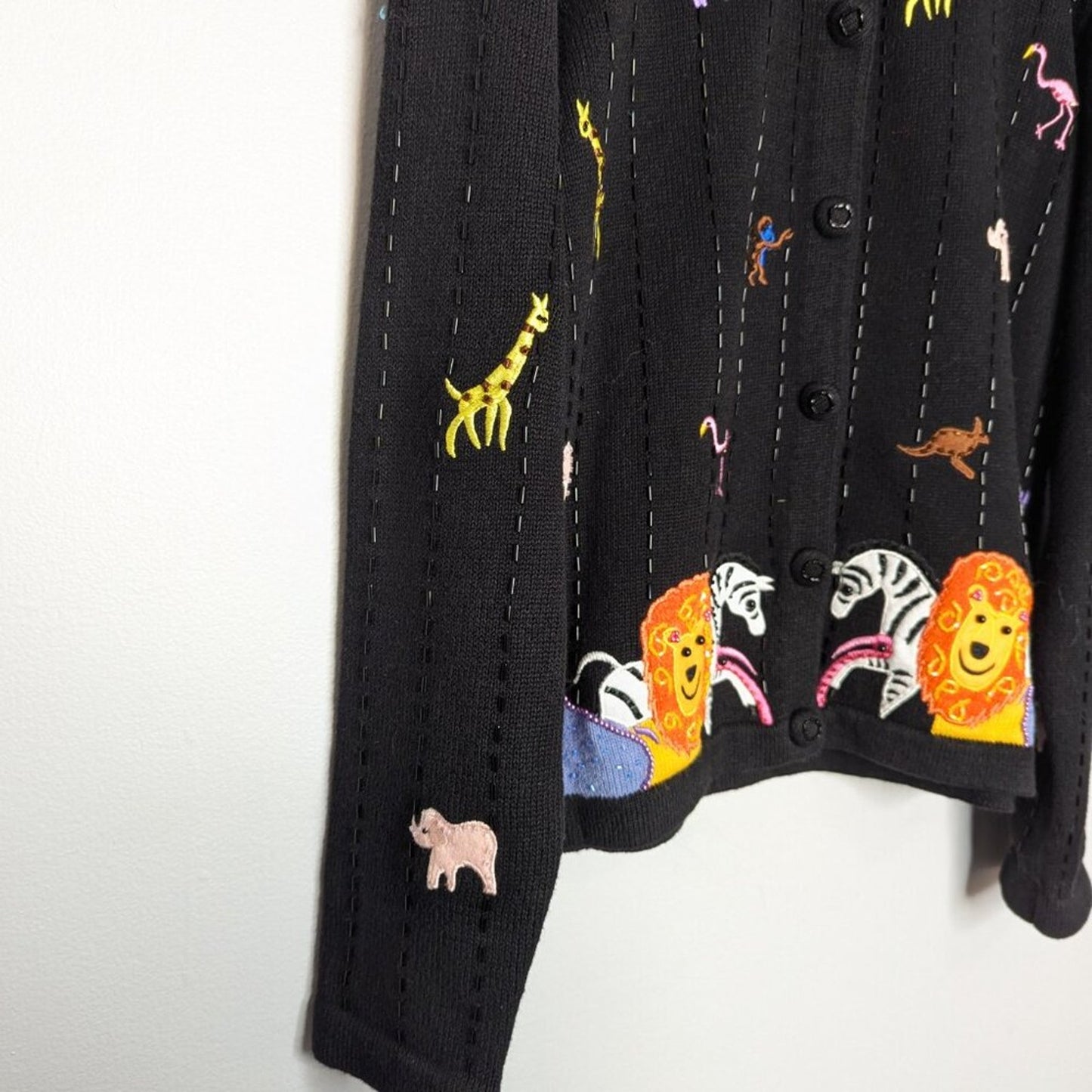 Vintage Berek Black Long Sleeve Beaded Zoo Animals Cardigan Lion Flamingo Monkey