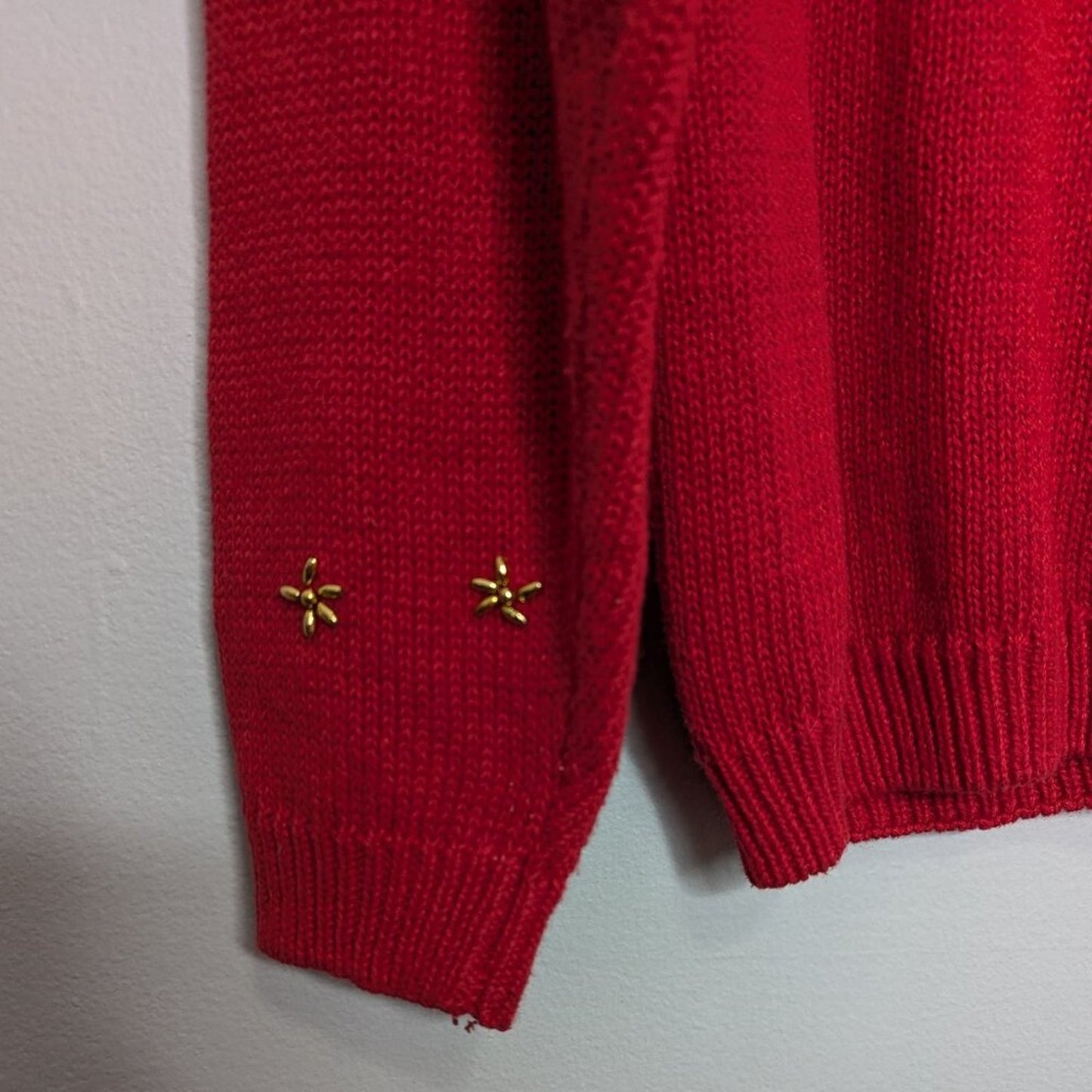 Vintage Red Crew Neck Long Sleeve Sweater Gold Beaded Sequins Rhinestones Floral