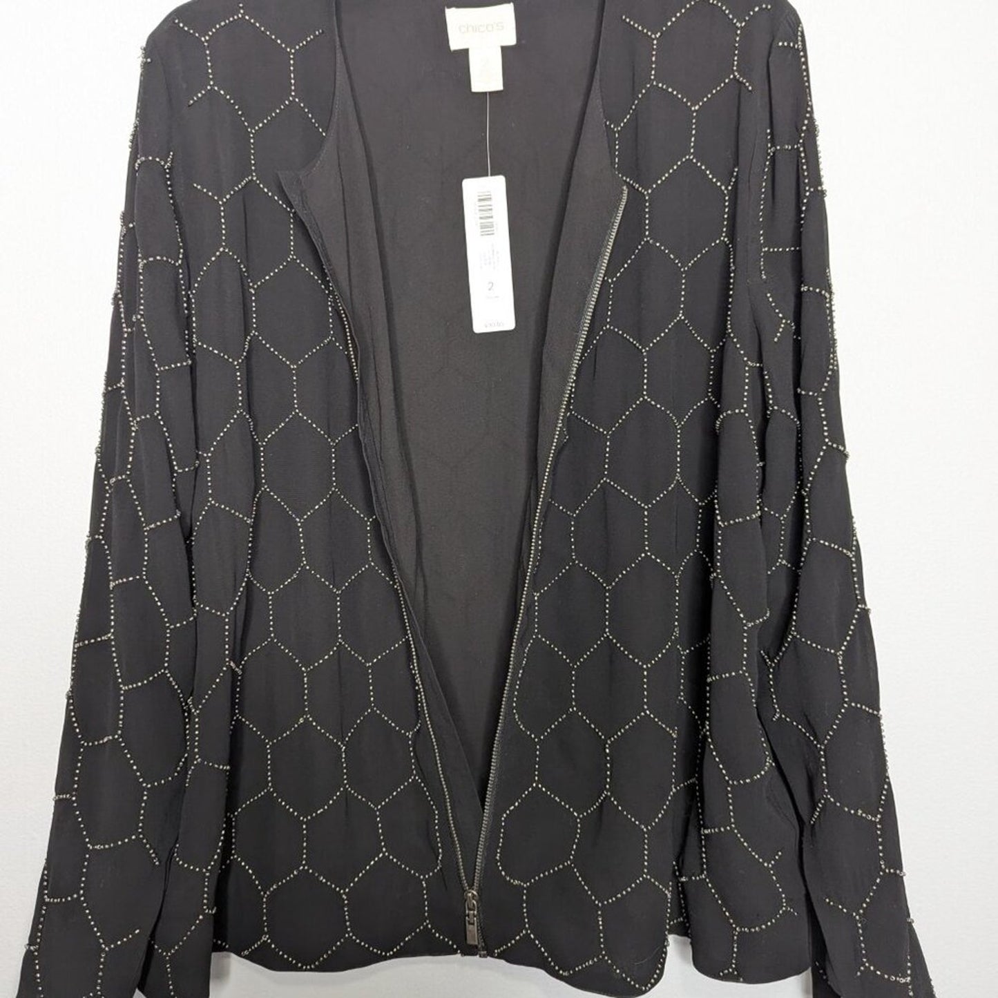 Chico's Black Long Sleeve Beaded Bomber Jacket Full Zip Round Neck NWT