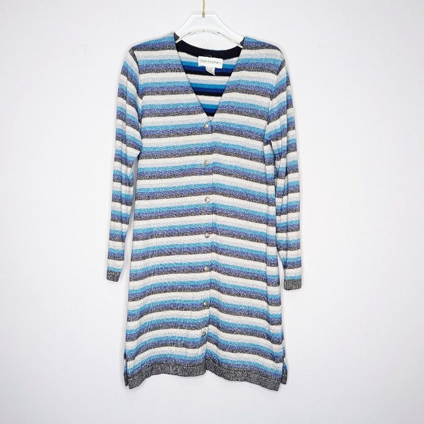 Bloomingdales Vintage 80's Metallic Blue Striped Button Up Top Long Sleeve
