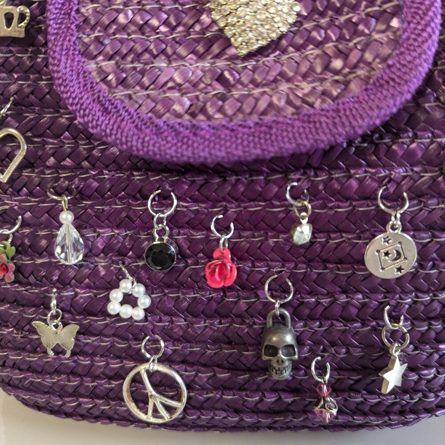 Vintage Purple Woven Straw Crossbody Bag Upcycled Jewelry Charms Deadstock