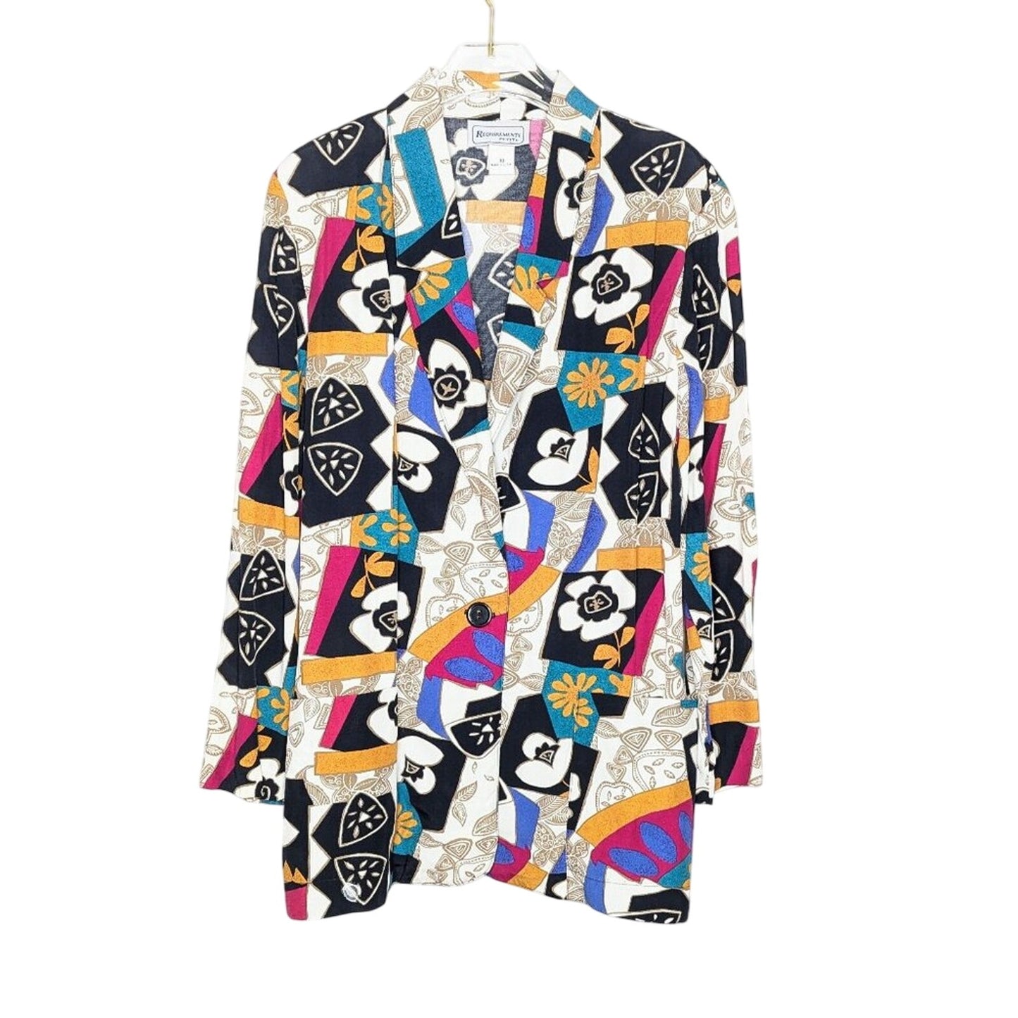 Vintage 80's Bright Geometric Pop Art Pattern Blazer Long Sleeve Pockets Floral