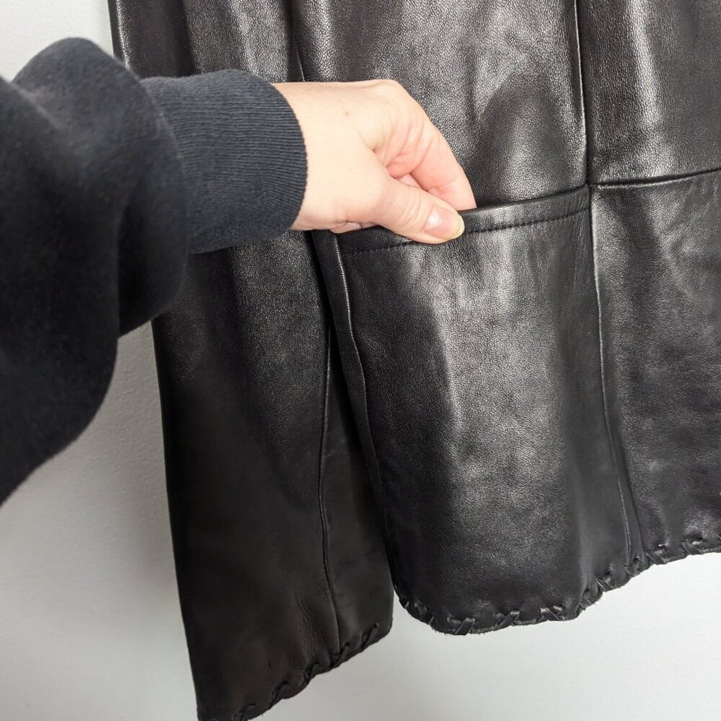 Vintage Jones New York Black Leather Long Sleeve Blazer Lace Up Stitch Trim L
