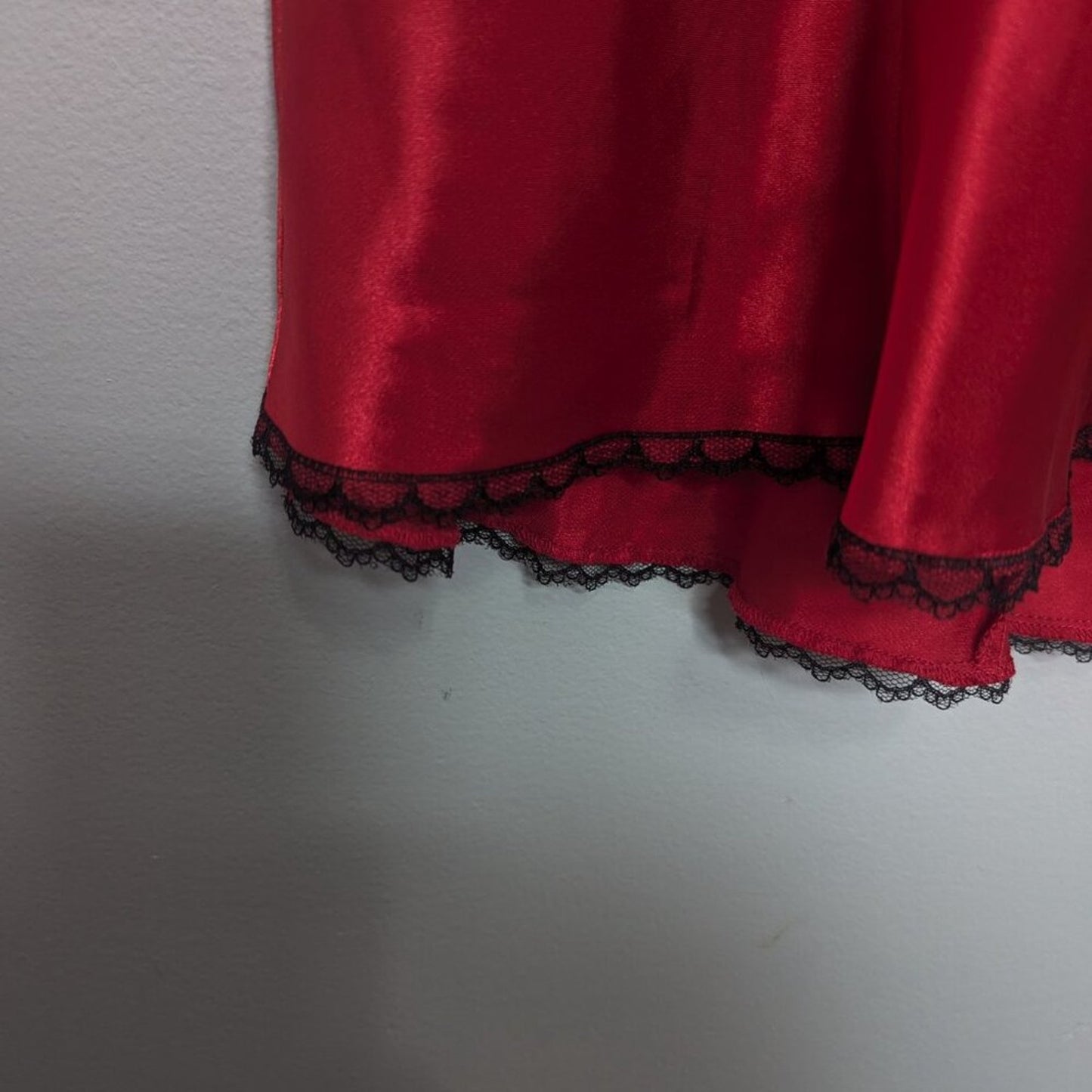 Frederick's of Hollywood Vintage Red Satin Slip Dress Black Lace Trim Cross Back