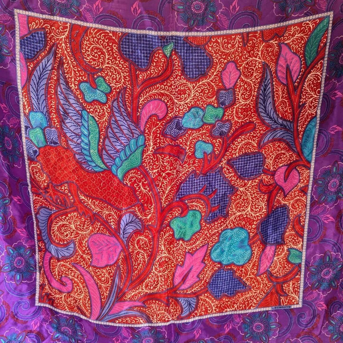 Liz Claiborne Vintage 80's Purple Red Silk Floral Square Scarf Made in Japan