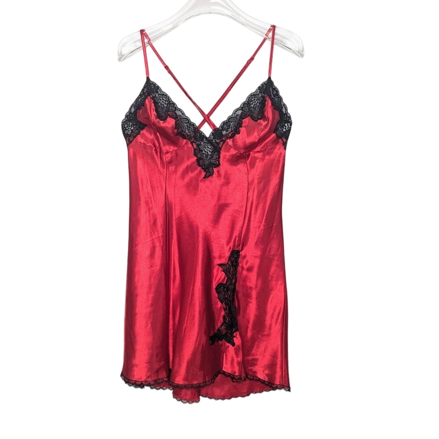 Frederick's of Hollywood Vintage Red Satin Slip Dress Black Lace Trim Cross Back