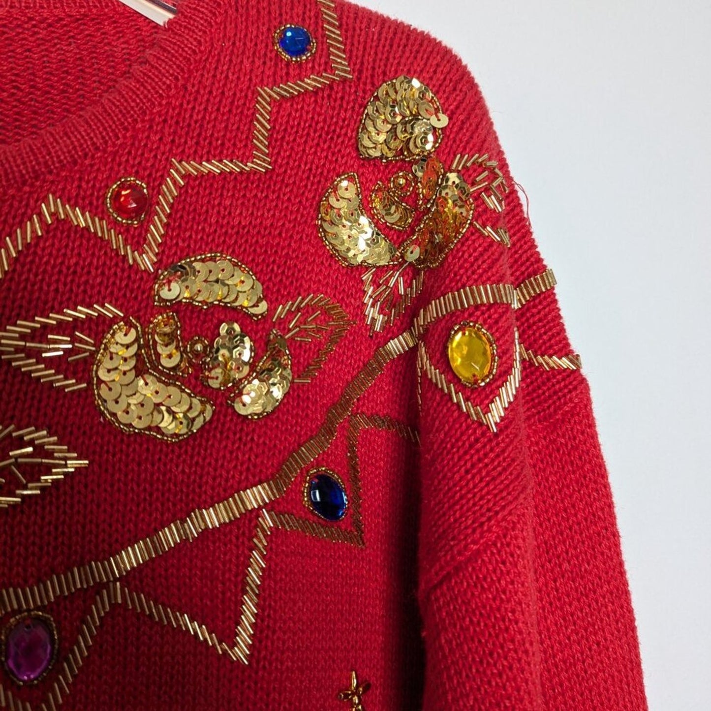 Vintage Red Crew Neck Long Sleeve Sweater Gold Beaded Sequins Rhinestones Floral