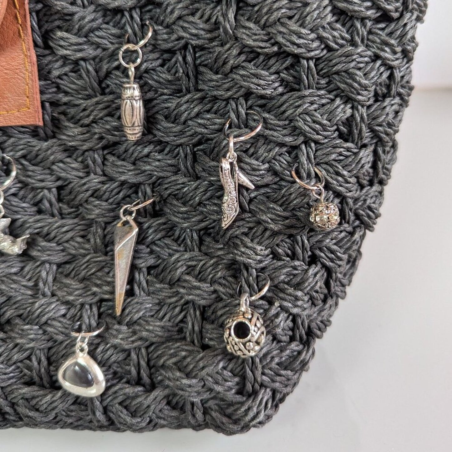 Vintage Black Woven Crossbody Bag Upcycled Jewelry Charms Double Handle Snap