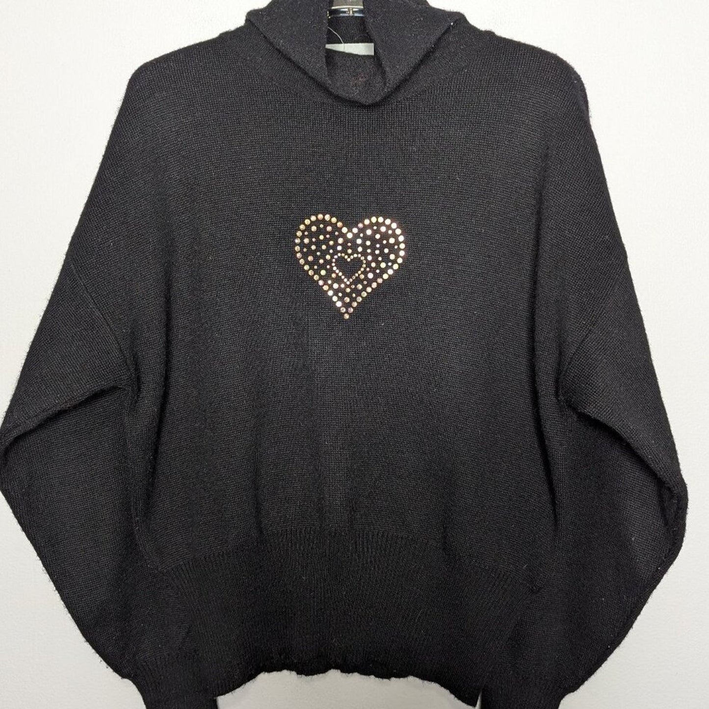 Vintage 70's Meister Black Long Sleeve Turtleneck Sweater Rhinestone Heart