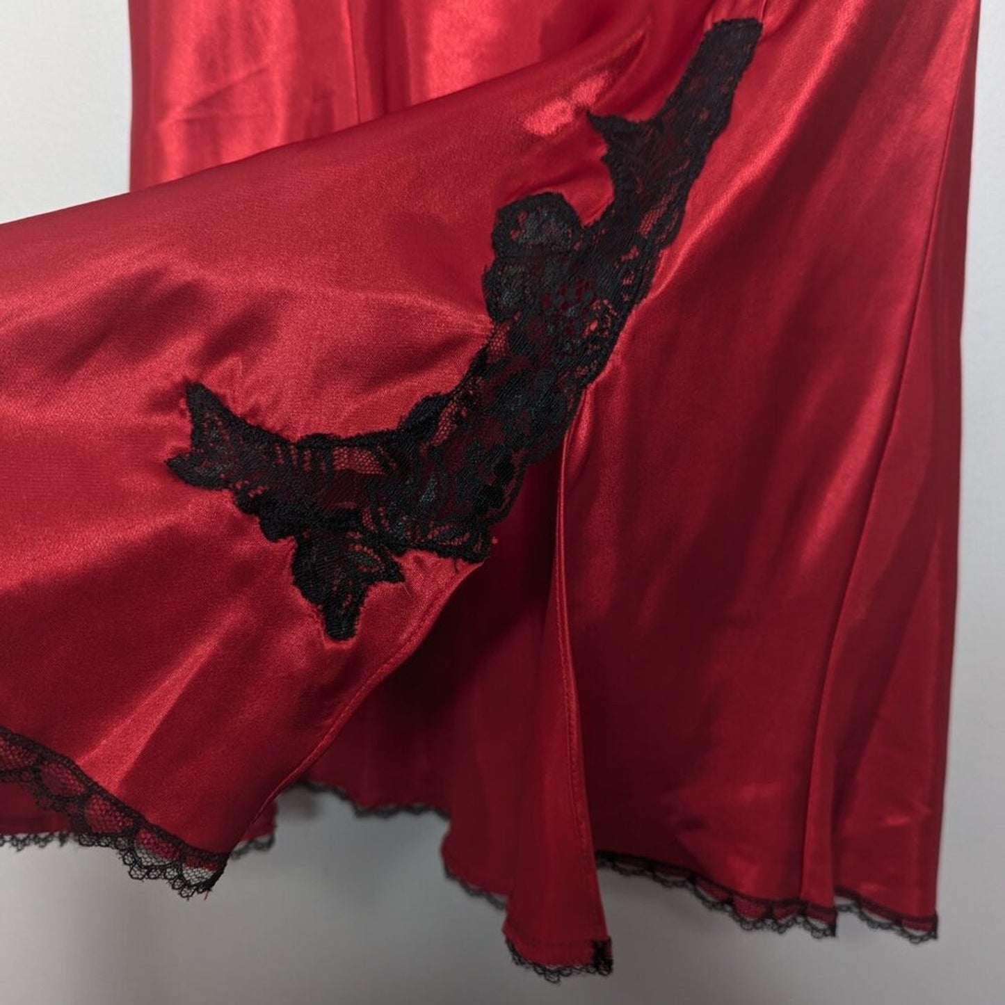 Frederick's of Hollywood Vintage Red Satin Slip Dress Black Lace Trim Cross Back
