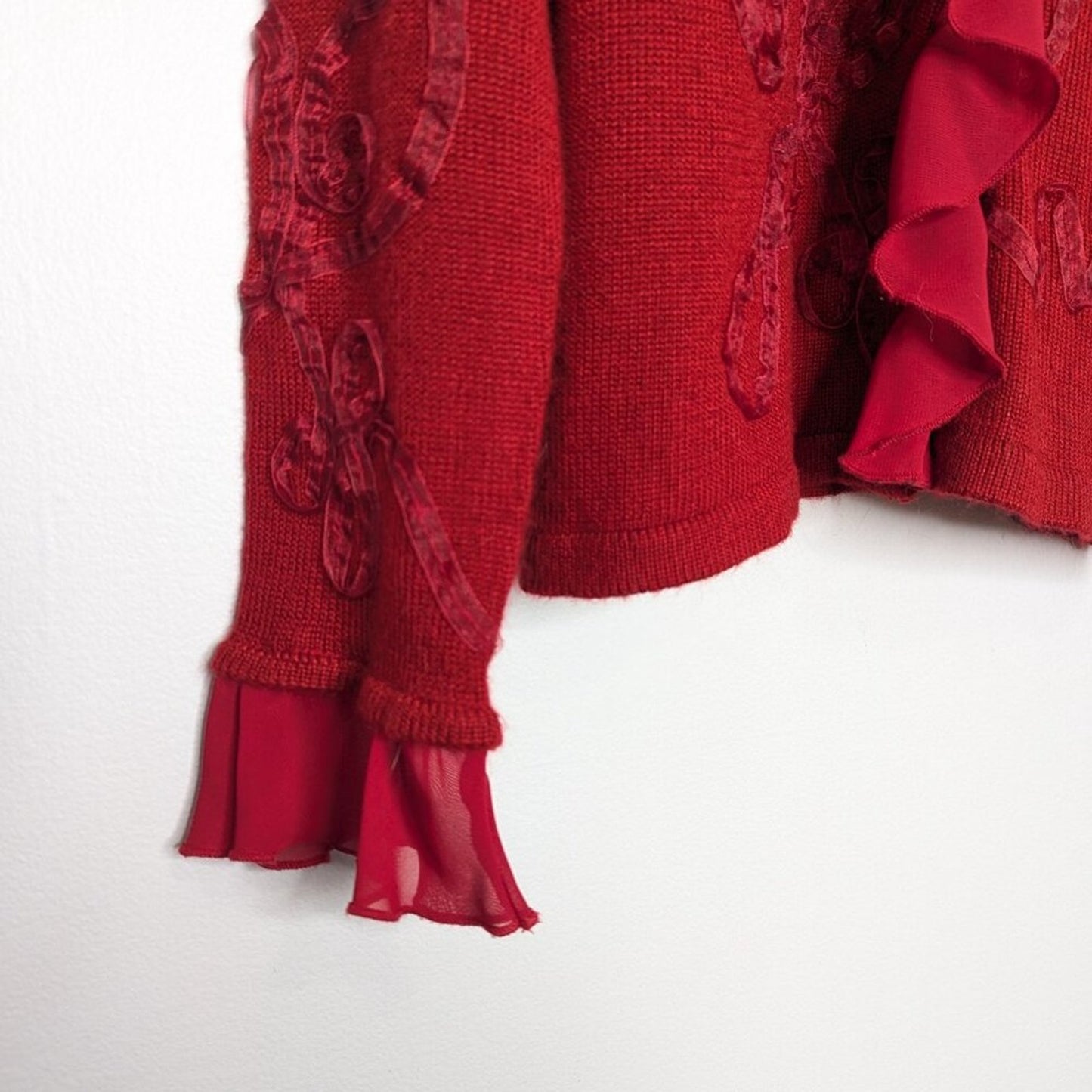 Vintage Y2K Red Long Sleeve Button Up Cardigan Ruffle Trim V-Neck Size S
