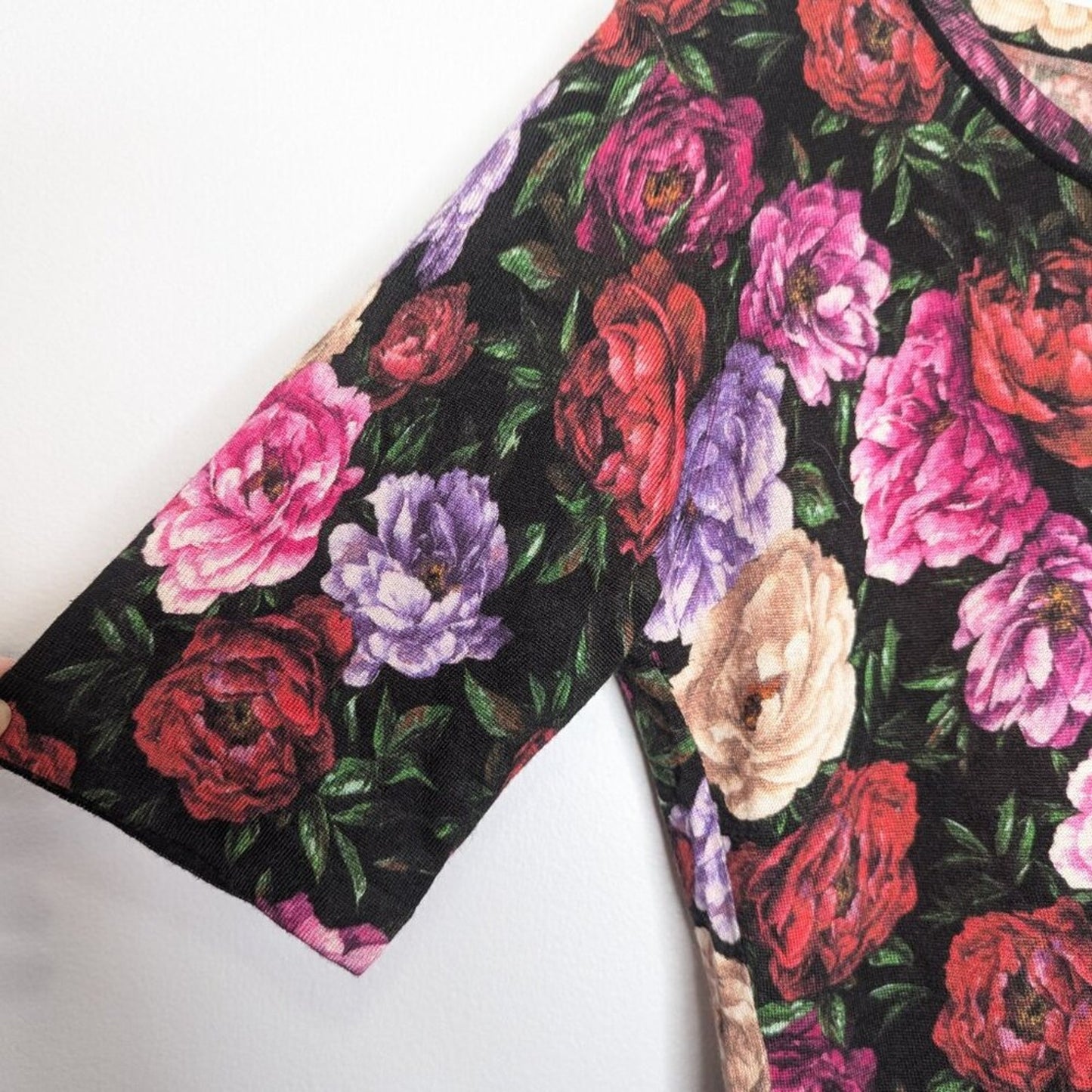 Escada Pink Floral Rose Print Short Sleeve Knit Top Wool Silk NWT Size M