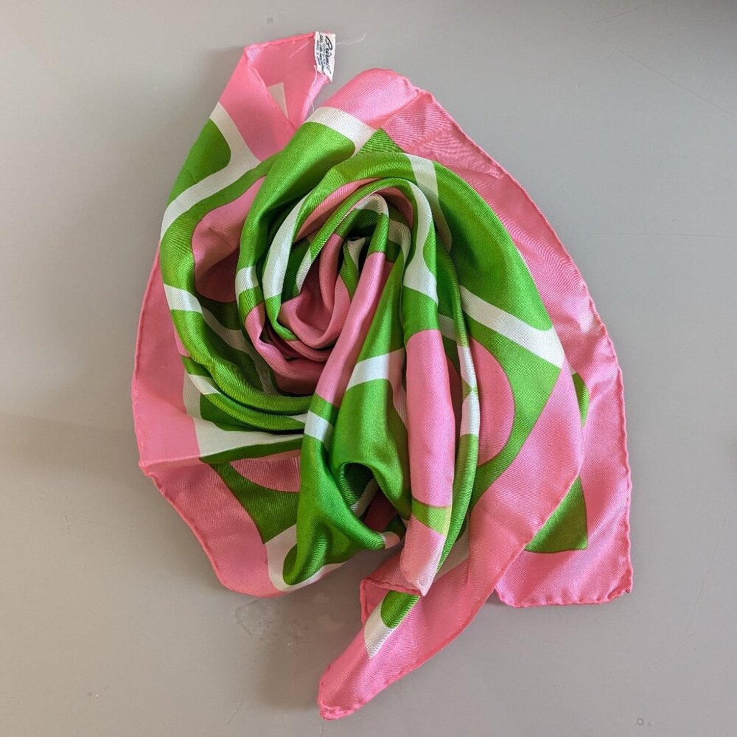 Vintage 60's Burmel Pink Green Geometric Print Silk Square Scarf Made in Japan