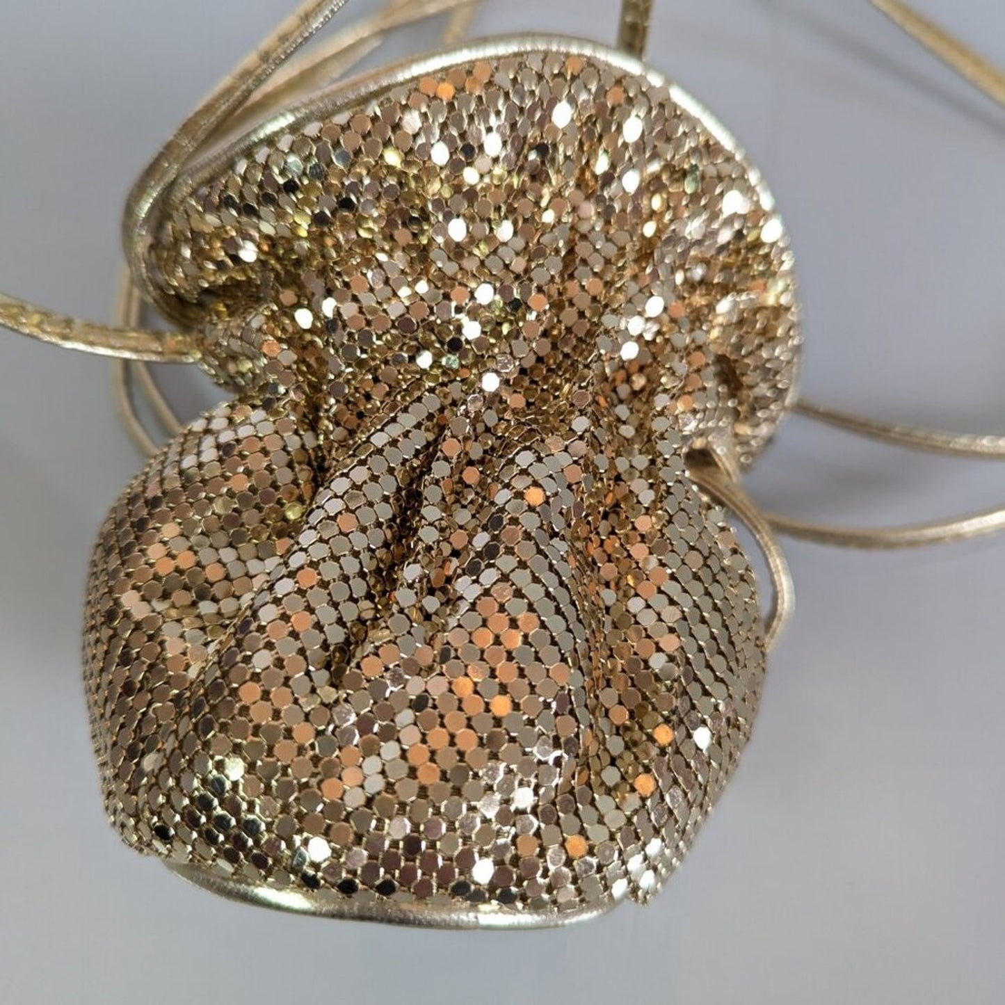 Whiting And Davis Vintage Gold Mesh Mini Drawstring Bucket Bag Disco Metallic