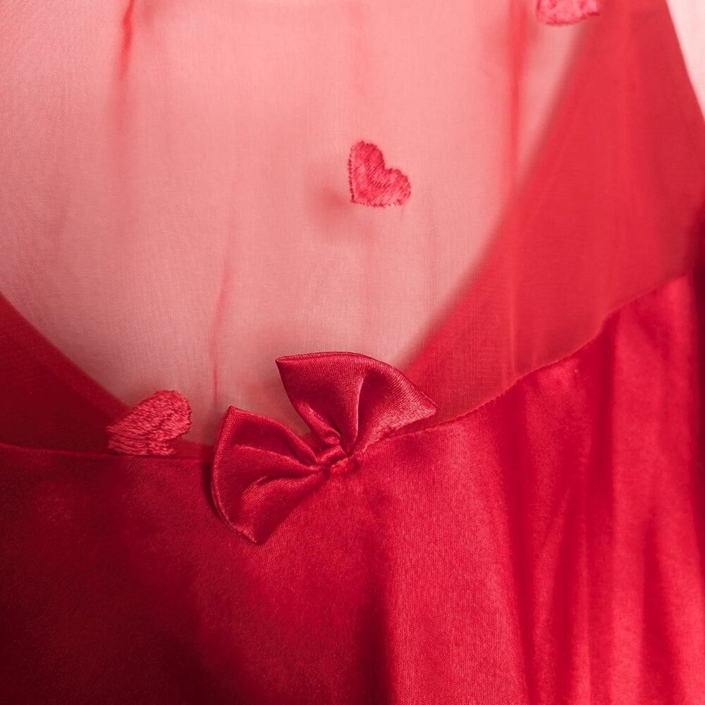 Vintage 90's Red Embroidered Heart Pattern Semi Sheer Slip Dress Nightie Bow M