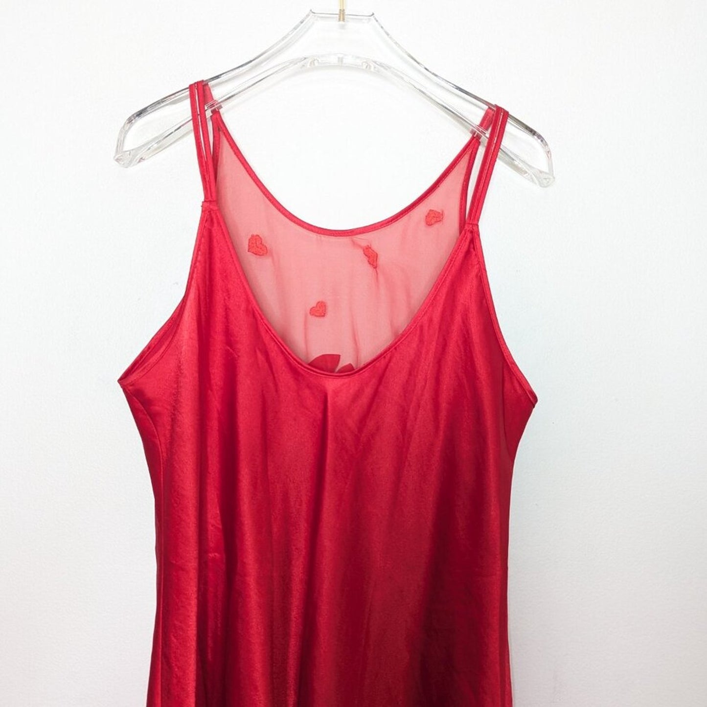 Vintage 90's Red Embroidered Heart Pattern Semi Sheer Slip Dress Nightie Bow M