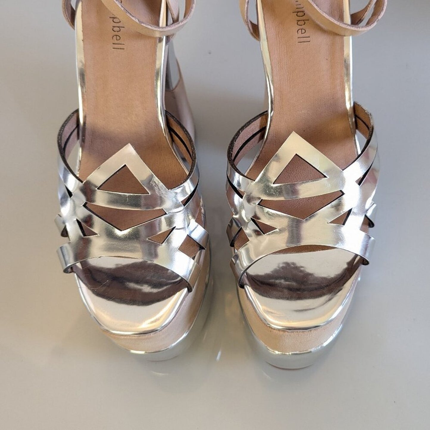 Jeffrey Campbell Y2K Nude Chrome Ambrose Platform Heels Shiny Ankle Strap NEW