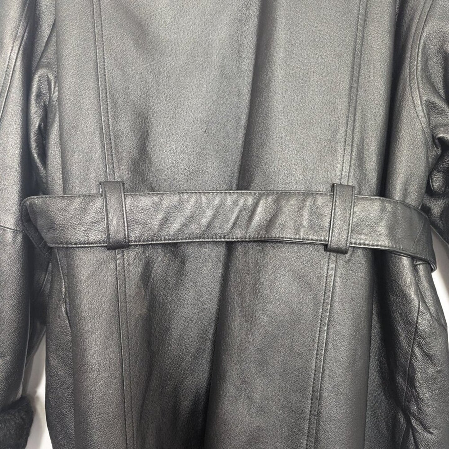 Wilsons Vintage Black Leather Trench Coat Faux Fur Trim Tie Waist Pockets L