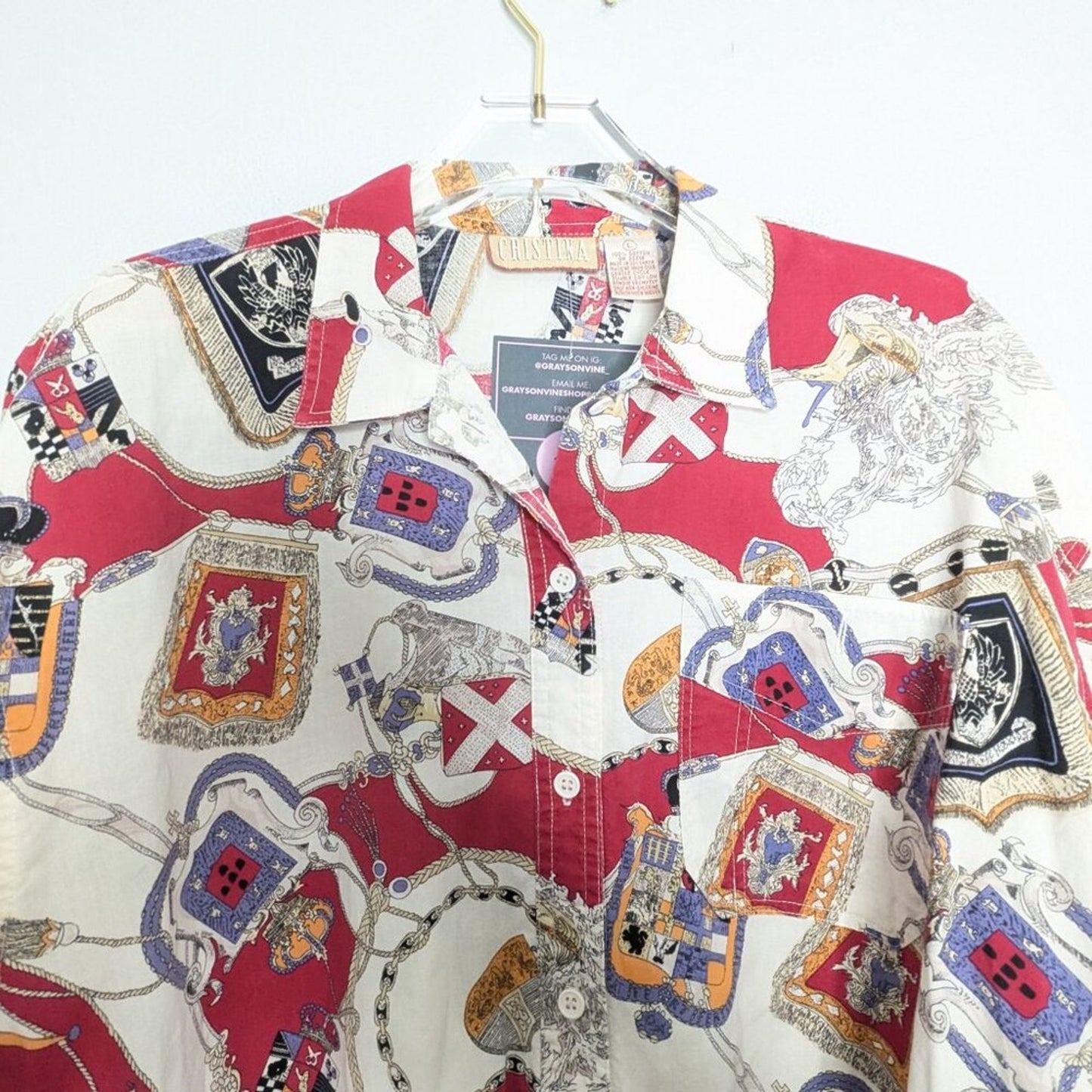 Vintage 90's Long Sleeve Royal Crest Shield Pattern Button Up Shirt White Pink