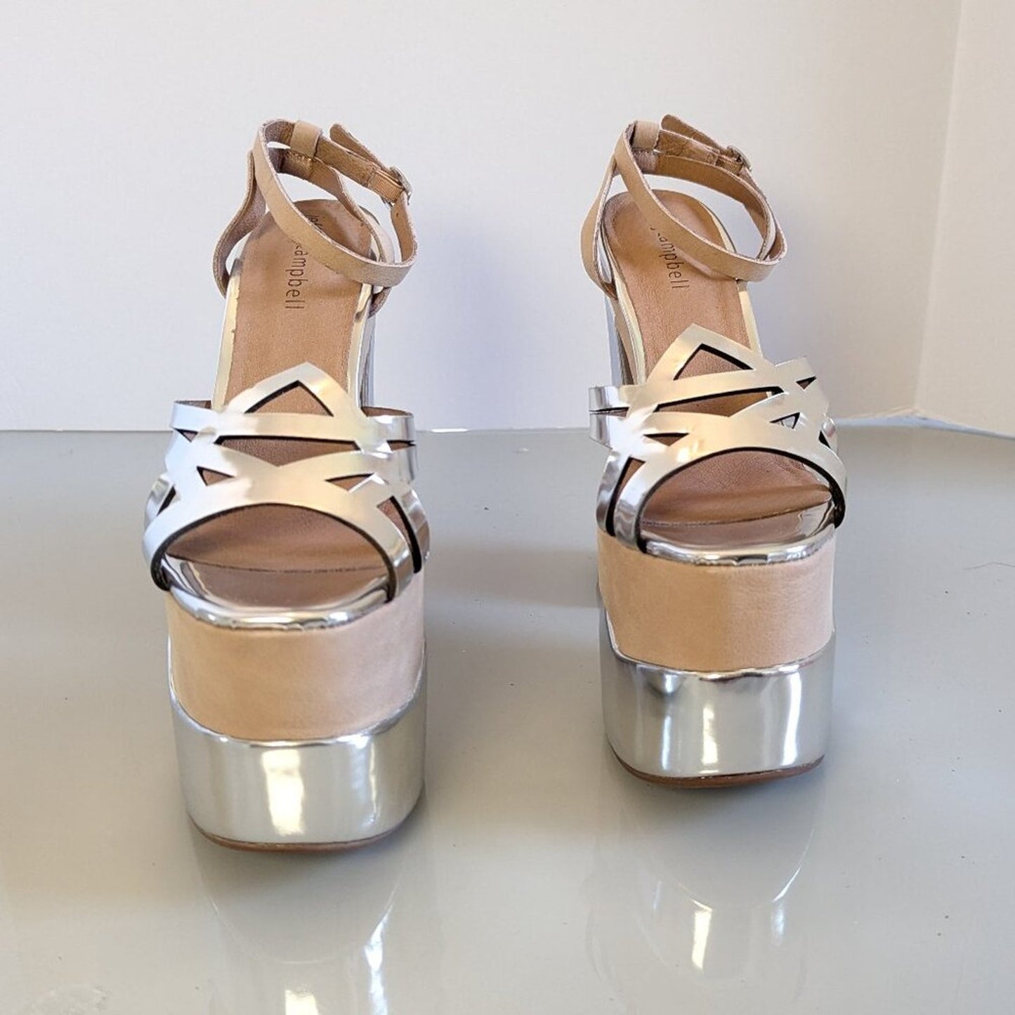 Jeffrey Campbell Y2K Nude Chrome Ambrose Platform Heels Shiny Ankle Strap NEW
