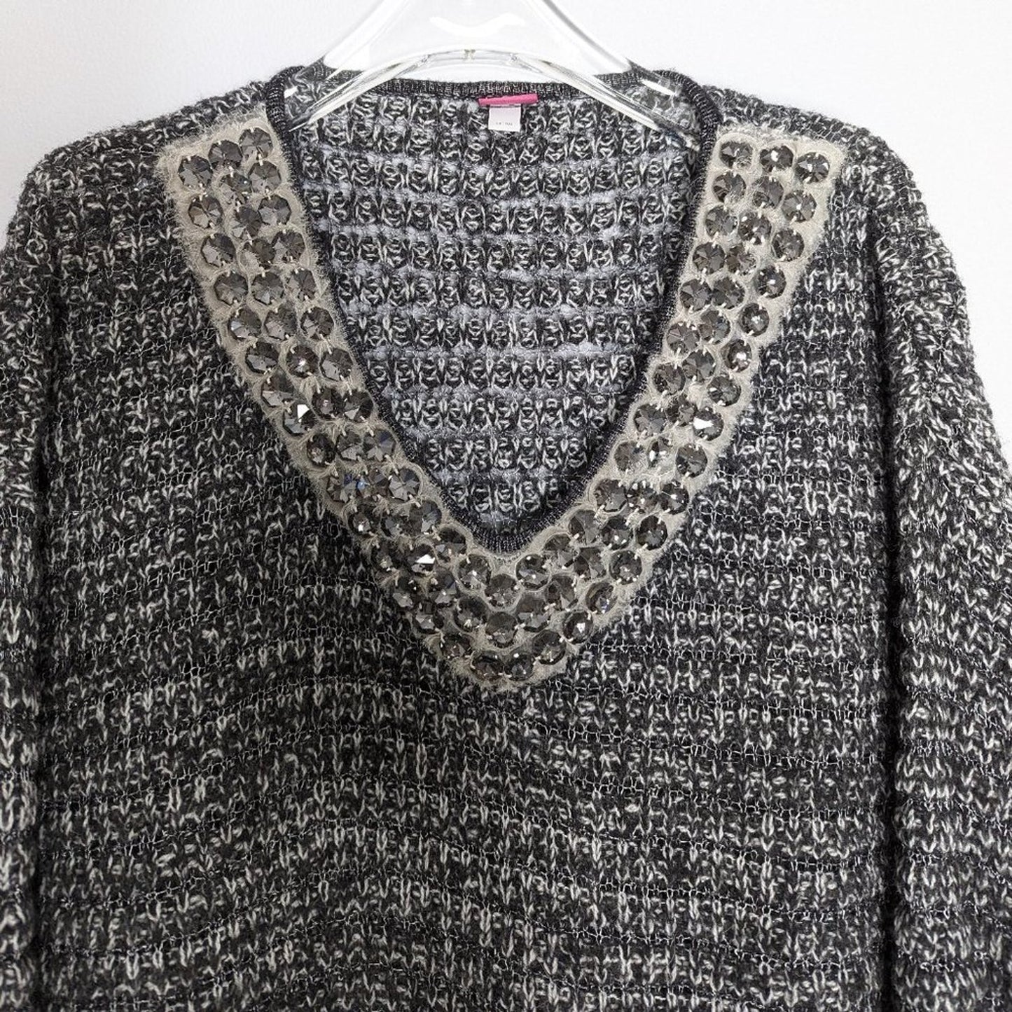 Save The Queen Gray V-Neck Sweater Clear Octagon Crystals Long Sleeve Size M