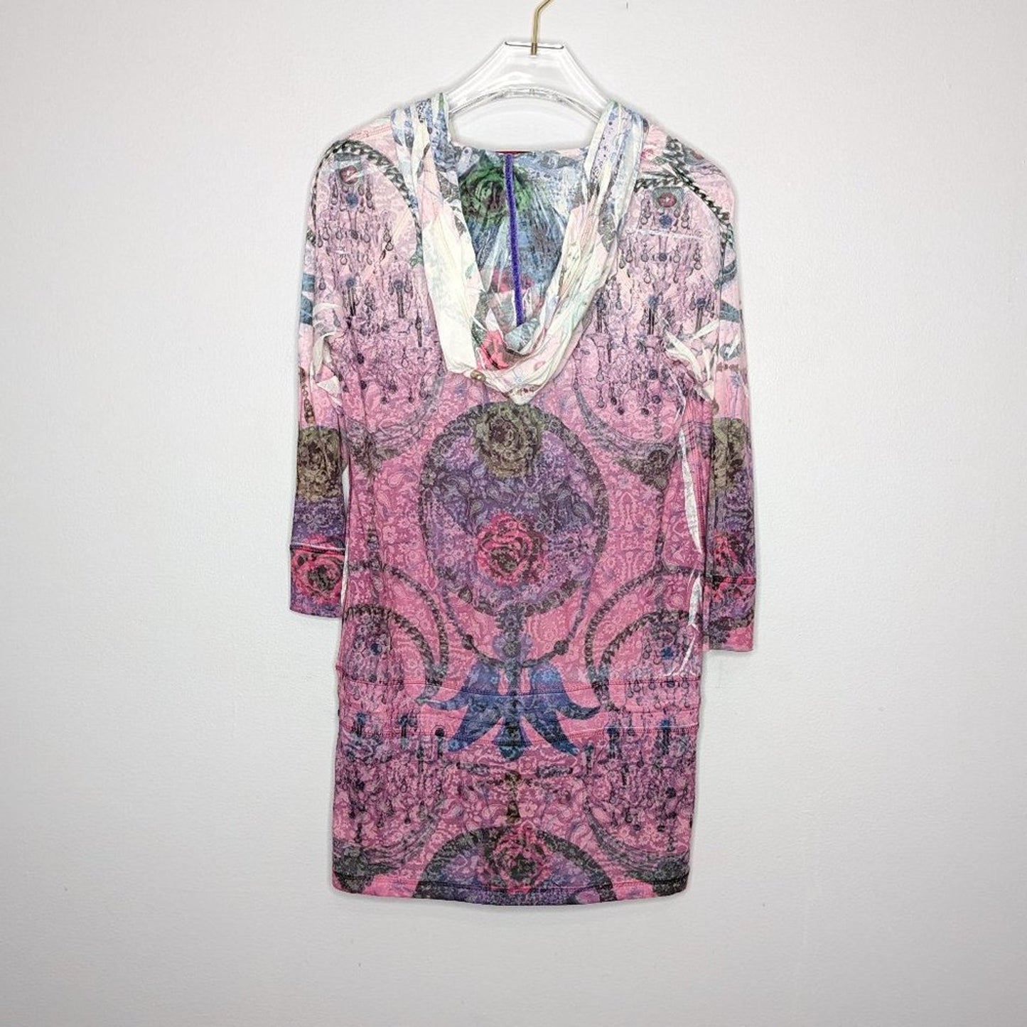 Custo Barcelona Pink Hooded T-Shirt Paisley Floral Print Drawstring Waist