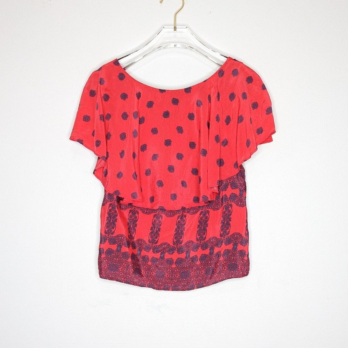 Free People Red Ruffle Neck Blouse Buttons Short Flutter Sleeve Size S